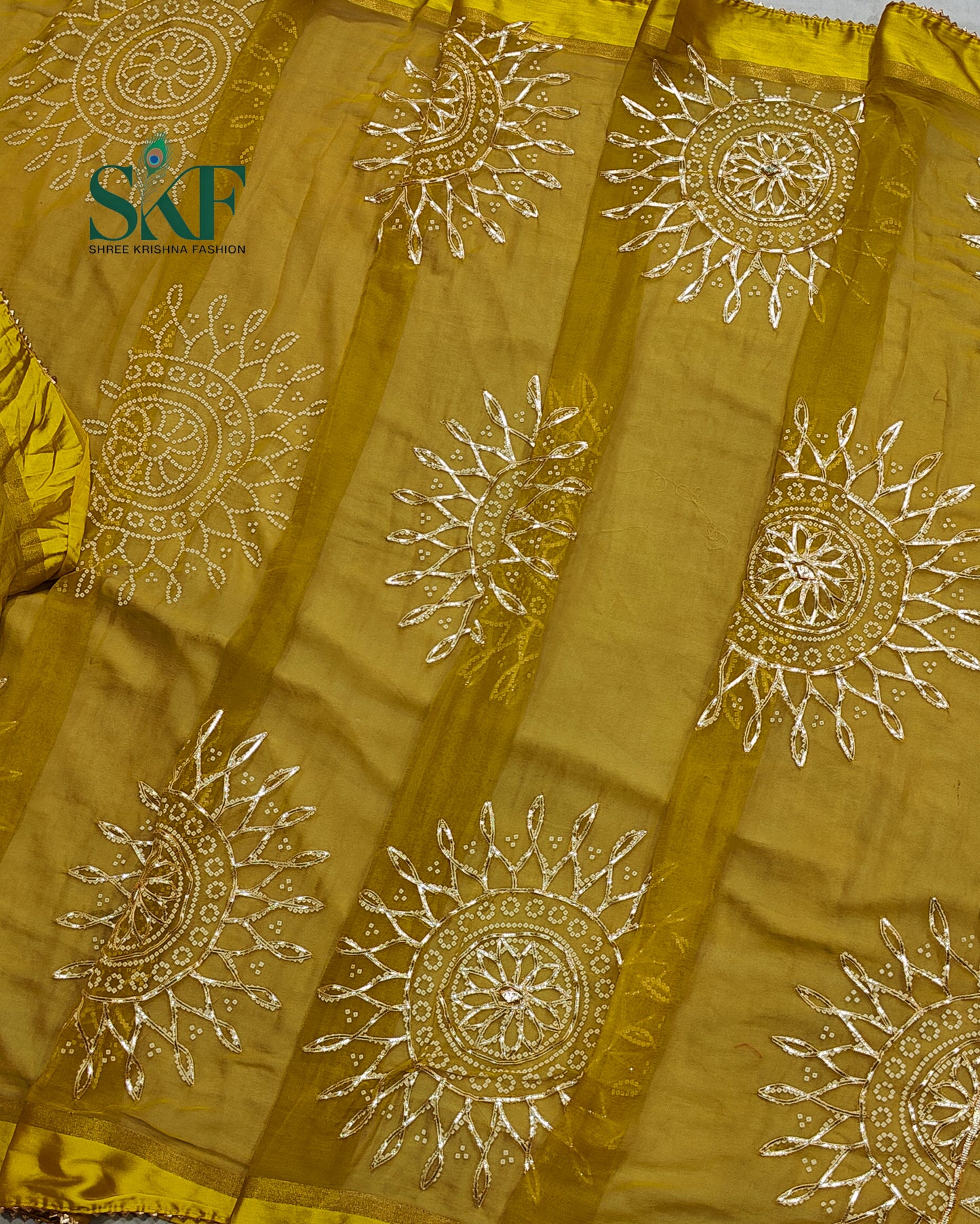 DIAMOND CHIFFON BHANDHANI KACHAGOTTA WORK MEHNDI GREEN SAREE BY SKFBHOLUBHAI