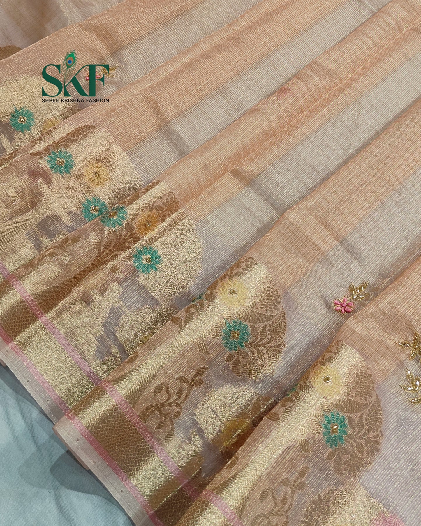 DORIYA TISSUE MULTI WEAVING HANDWORK BUTTA PEACH PINK SAREE BY SKFBHOLUBHAI
