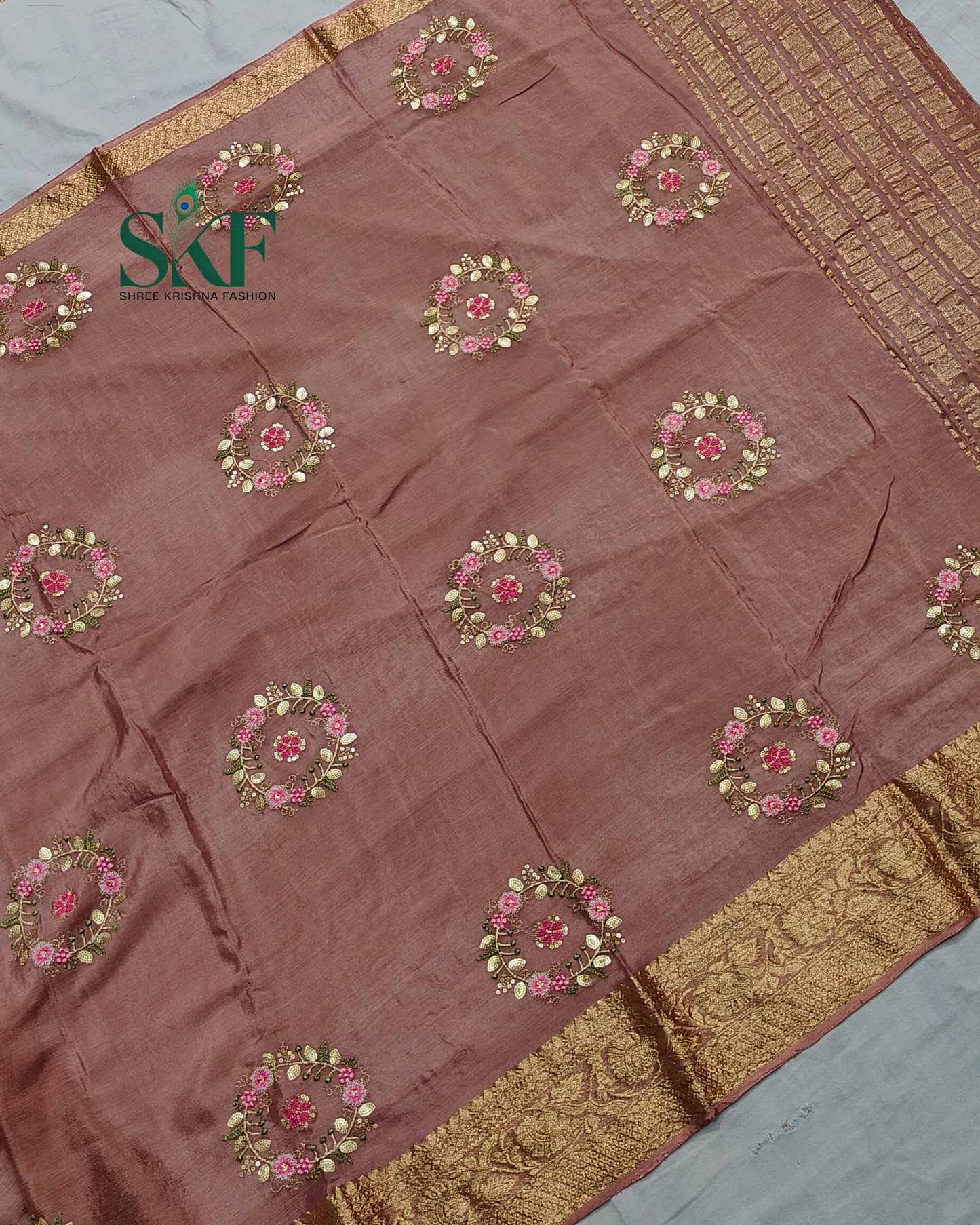 CHINON SEQUENCE EMBROIDERY WEAVING WORK WINE SAREE BY SKFBHOLUBHAI