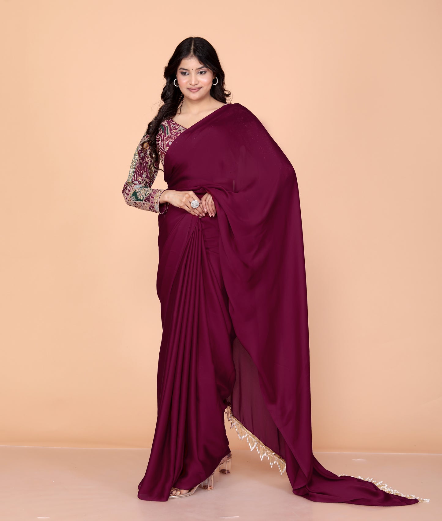 CREPE PLAIN TASSELS WORK BURGENDY SAREE BY SKFBHOLUBHAI