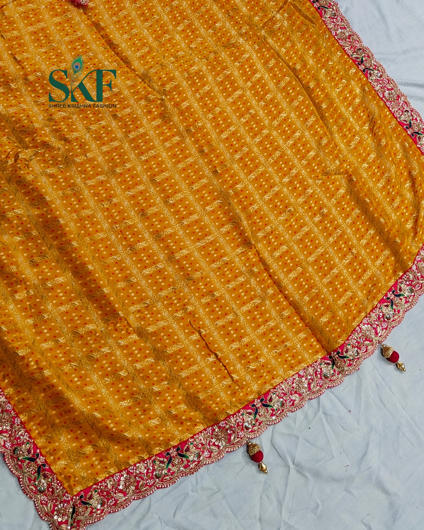 KHADI NEEM JARI GEORGETTE GHATCHOLA BHANDHANI HEAVY WORK BORDER YELLOW SAREE BY SKFBHOLUBHAI