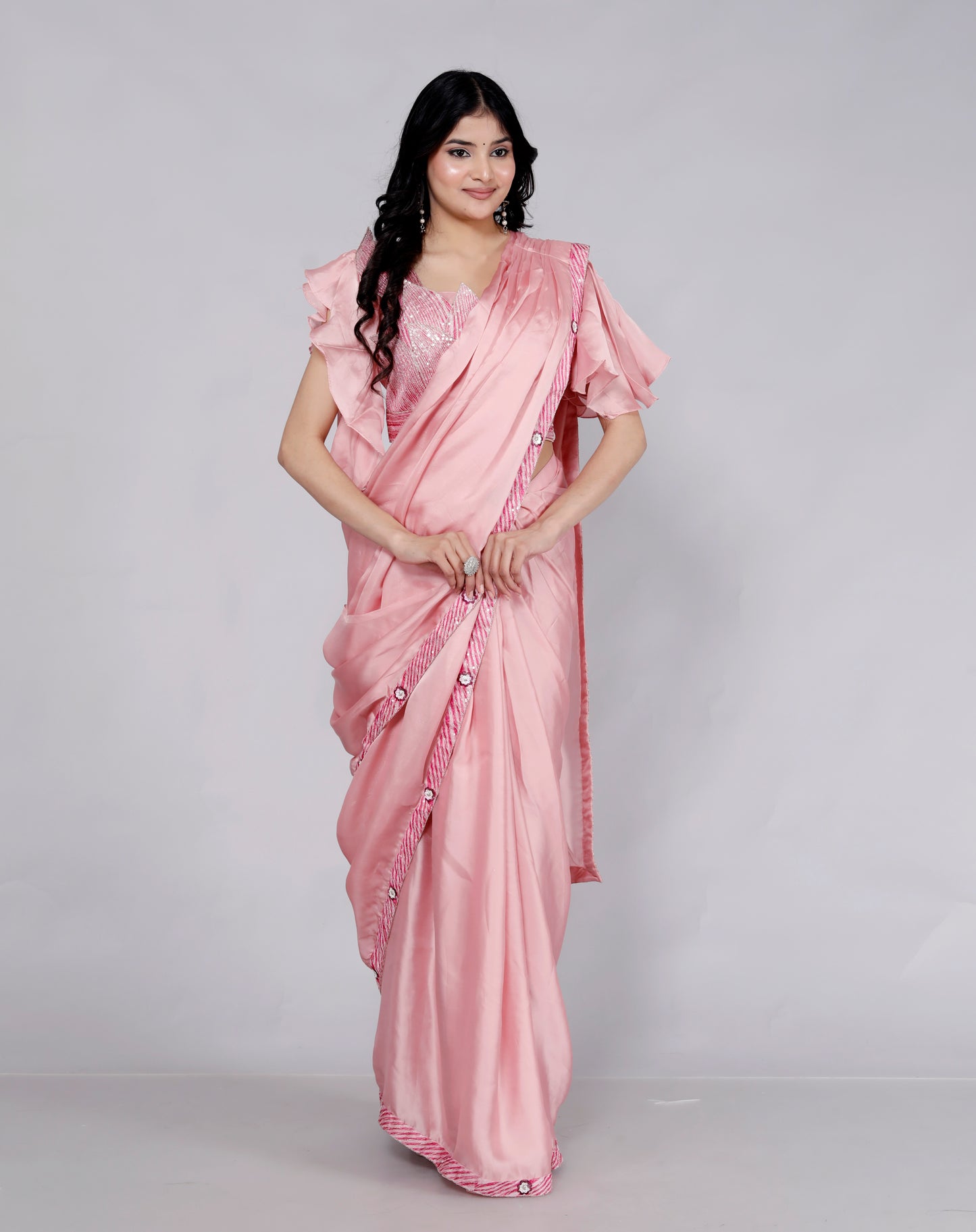 HO SILK EMBROIDERY BORDER STICH BLOUSE PINK SAREE BY SKFBHOLUBHAI