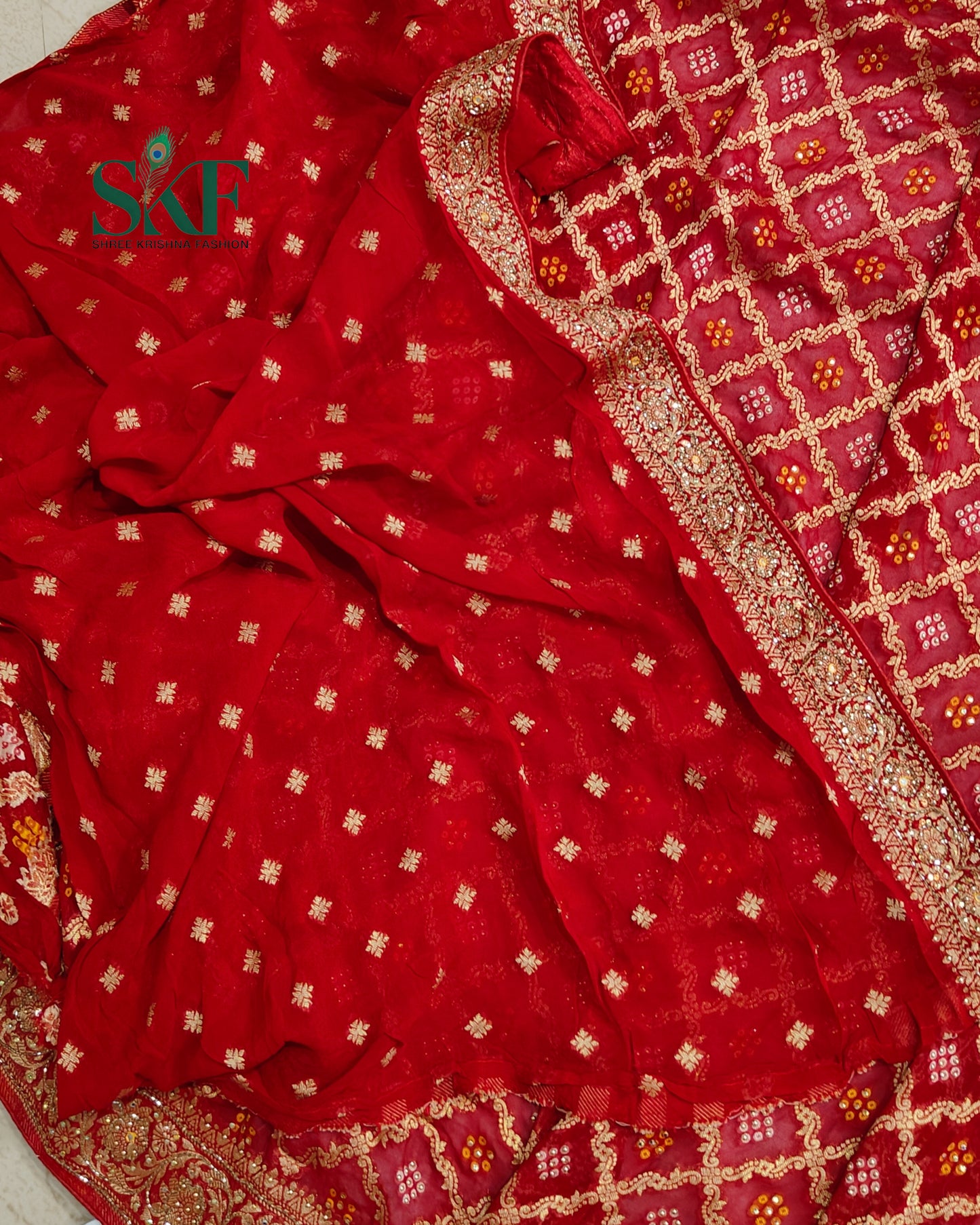 KHADI NEEM JARI GEORGETTE BHANDHANI STONE ZARDOZI HANDWORK SAREE BY SKFBHOLUBHAI