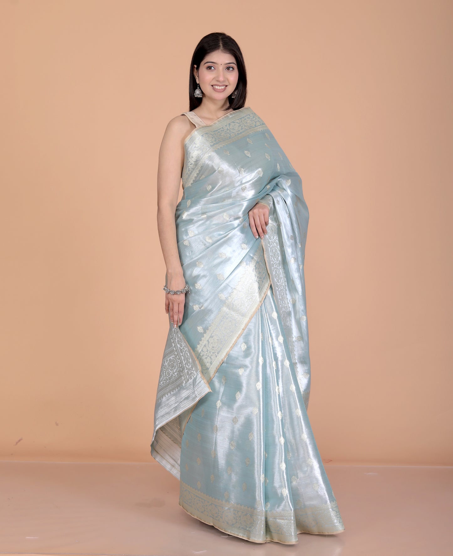 TISSUE SILK BUTTY WEAVING ICE BLUE SAREE BY SKFBHOLUBHAI