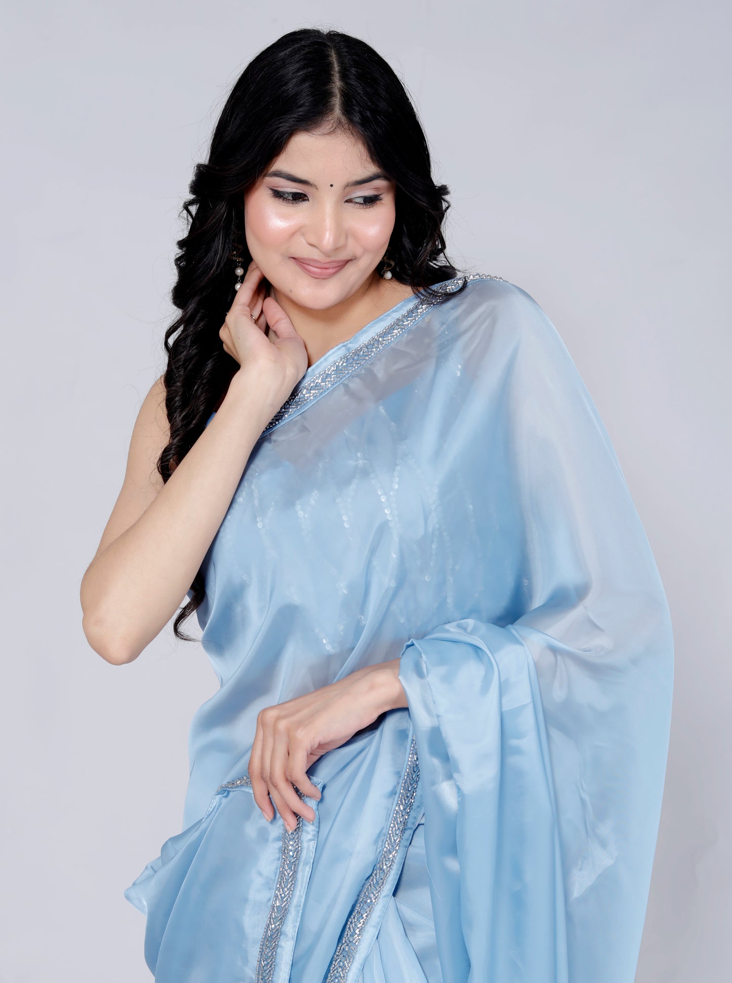 SATIN SILK HANDWORK BORDER STICH BLOUSE ICE BLUE SAREE BY SKFBHOLUBHAI