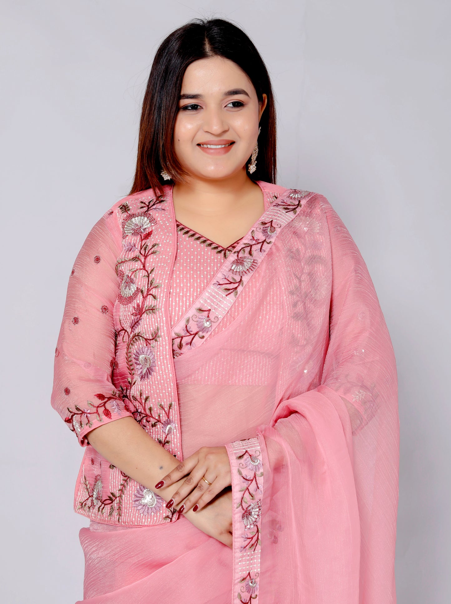CHIFFON EMBROIDERY WORK JACKET STYLE PINK SAREE BY SKFBHOLUBHAI