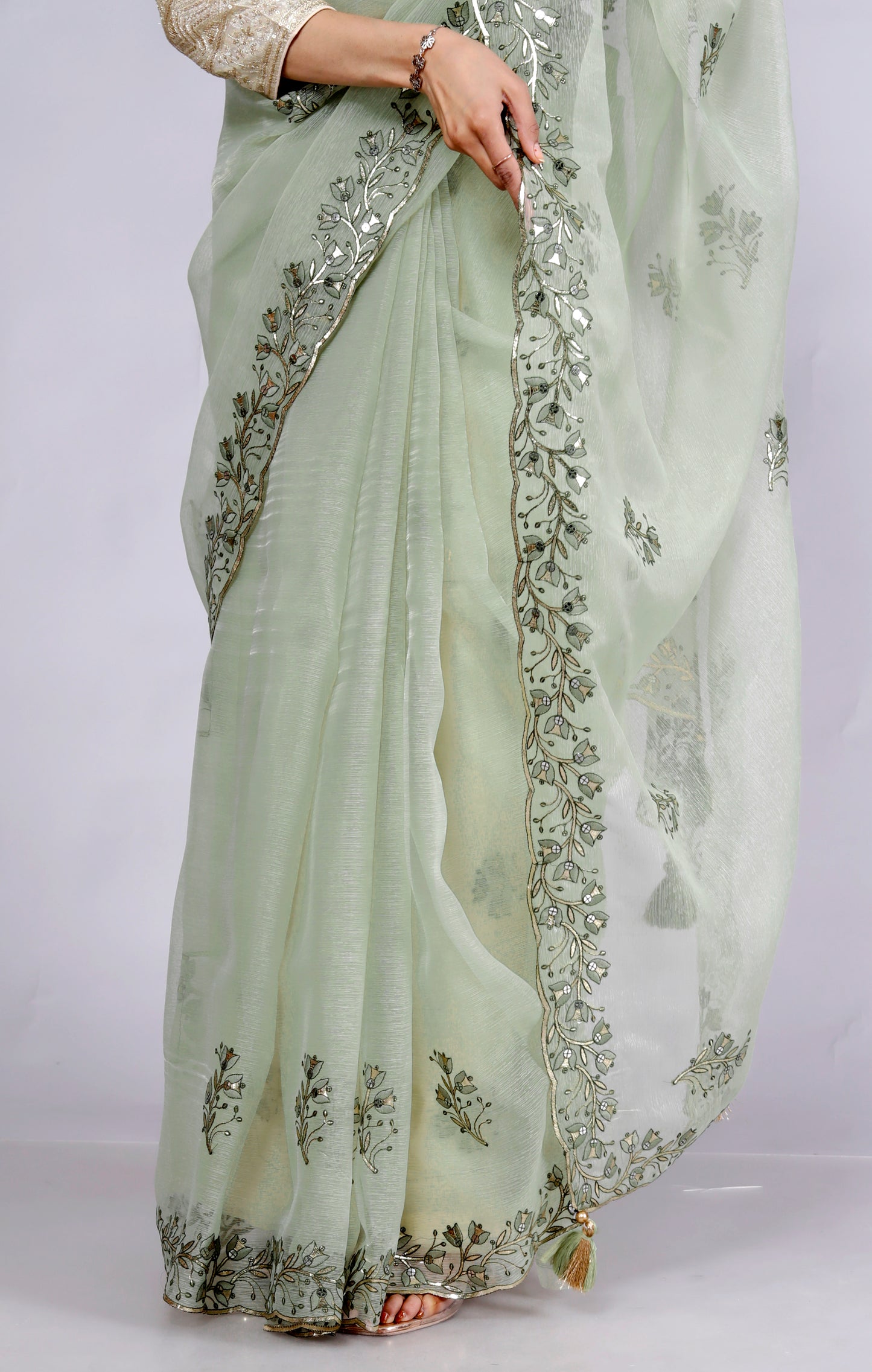 CHIFFON THREAD EMBROIDERY SAGE GREEN SAREE BY SKFBHOLUHAI