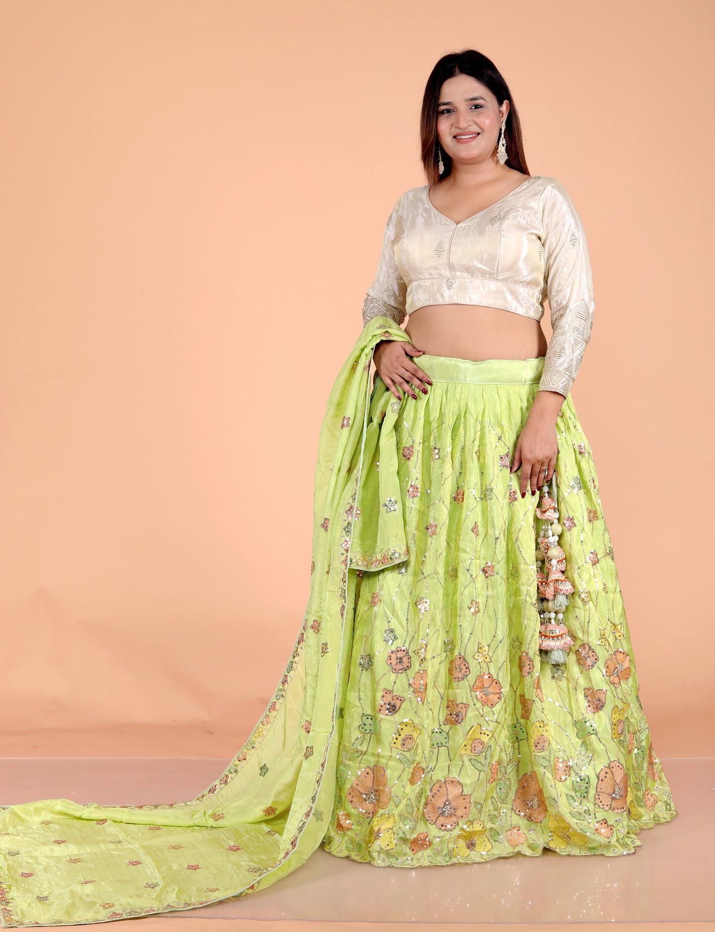 GLOSSY TISSUE HANDWORK 3/4 SLEEVES GOLDEN BEIDGE BLOUSE BY SKFBHOLUBHAI