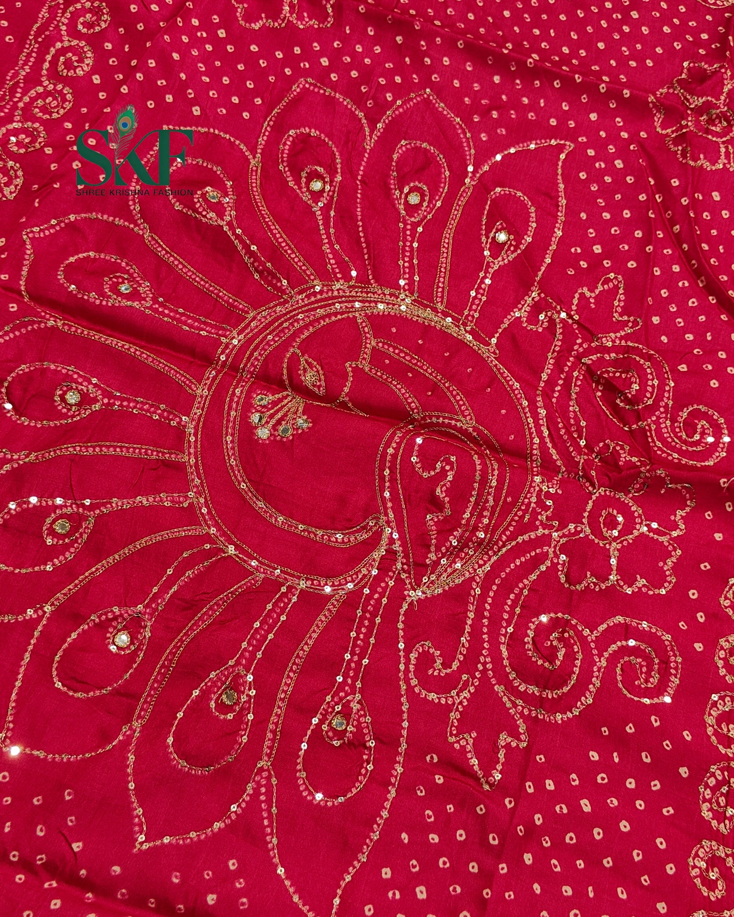 HO SILK BHANDHANI PEACOCK MOTIF AARI AND SEQUENCE WORK RANIPINK SAREE BY SKFBHOLUBHAI
