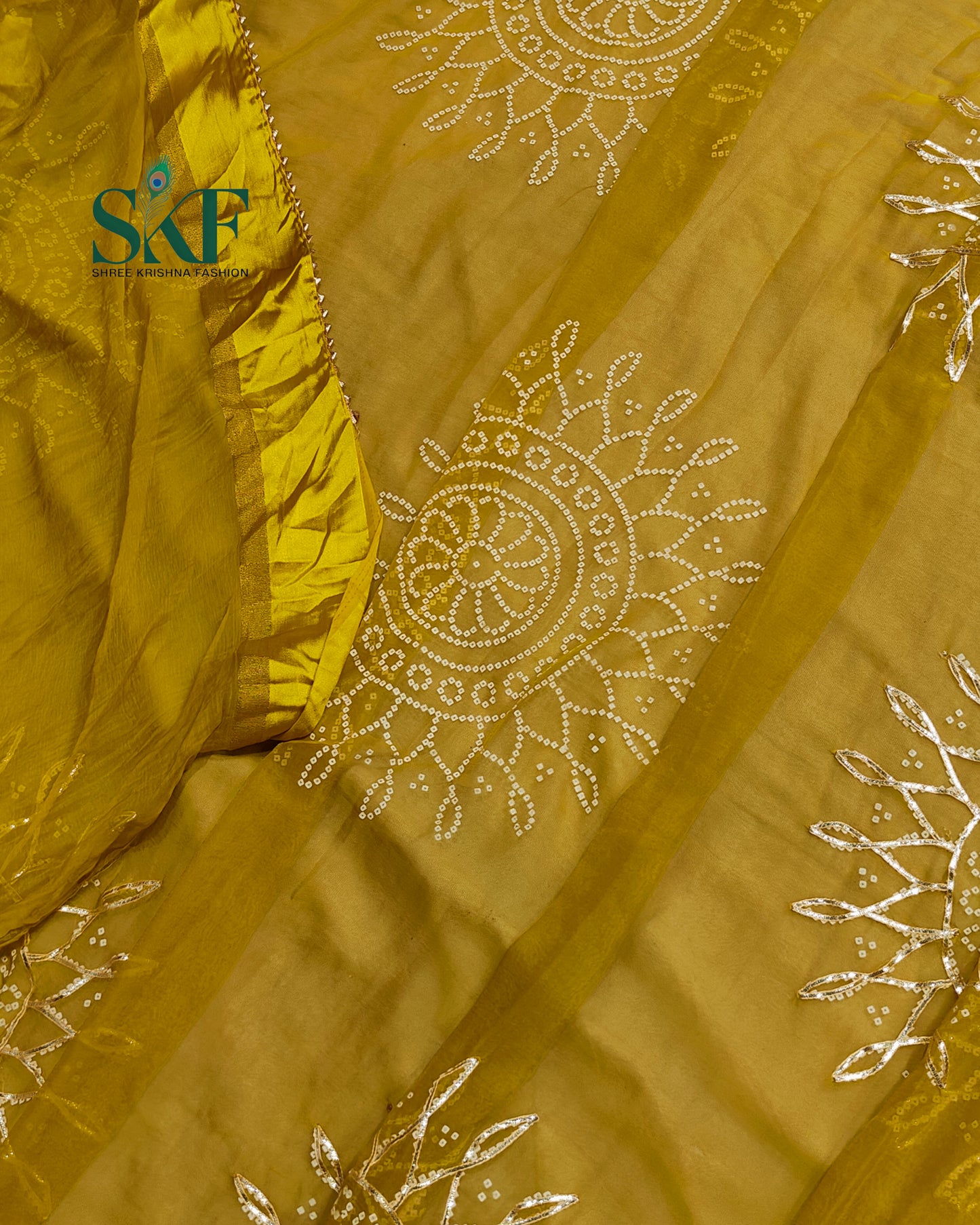DIAMOND CHIFFON BHANDHANI KACHAGOTTA WORK MEHNDI GREEN SAREE BY SKFBHOLUBHAI