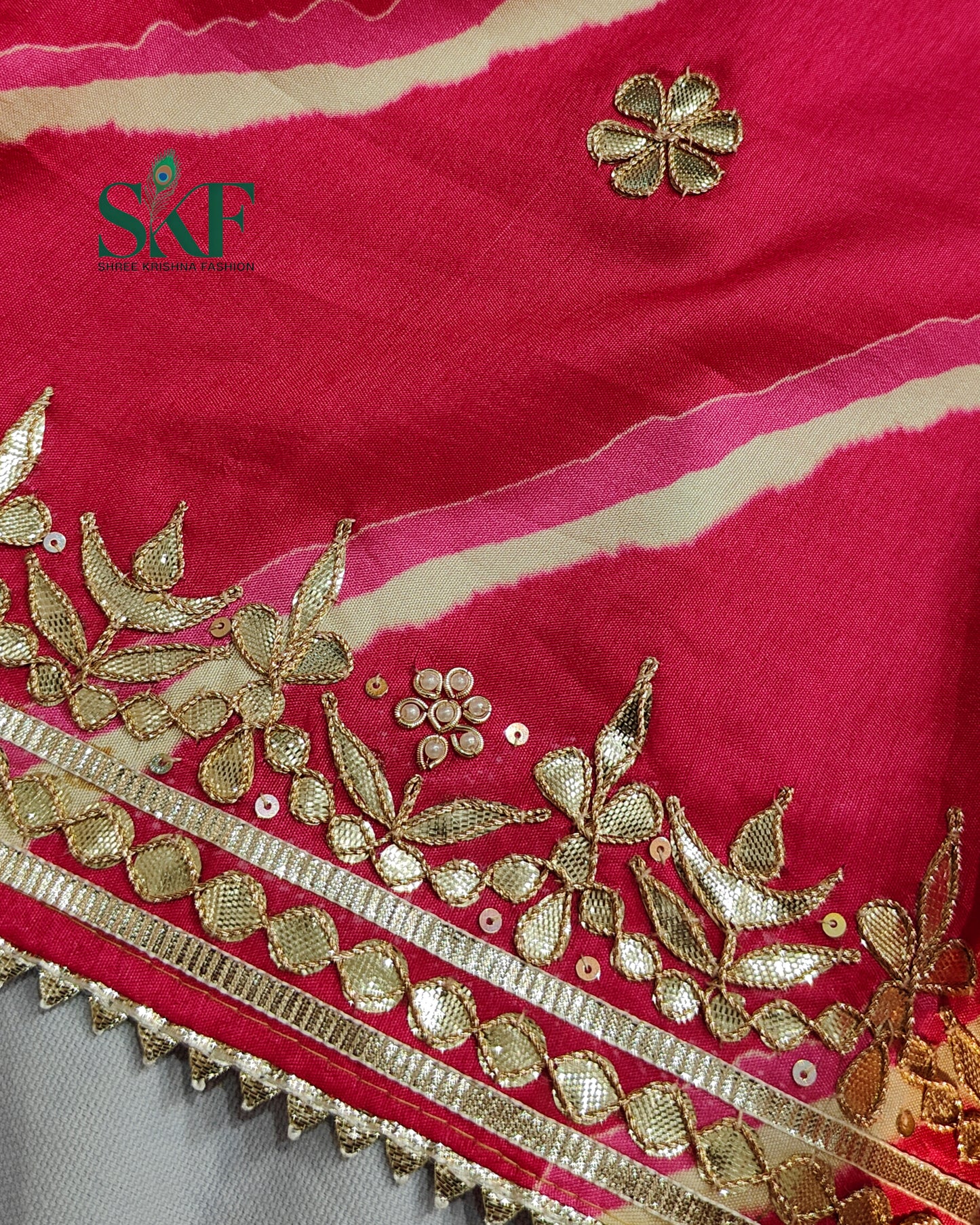 TUSSAR SILK LEHRIYA HAND GOTTA DIGITAL PRINT WORK RANI PINK SAREE BY SKFBHOLUBHAI