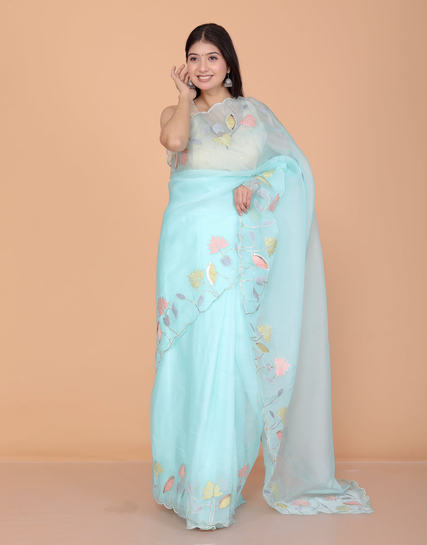 TISSUE APPLIQUE WORK DESIGNER SKY BLUE SAREE BY SKFBHOLUBHAI