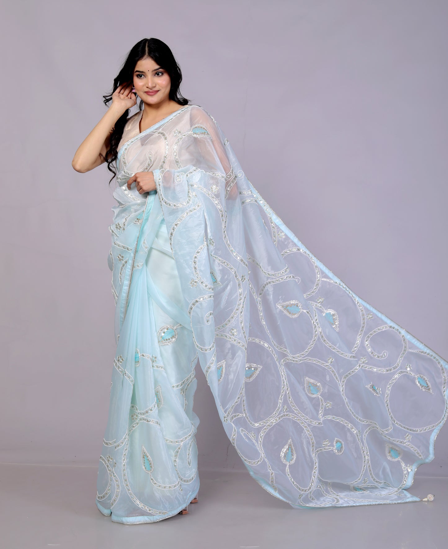 GLASS TISSUE KATCHA GOTTA SEQUENCE JAAL WORK SKY BLUE SAREE BY SKFBHOLUBHAI