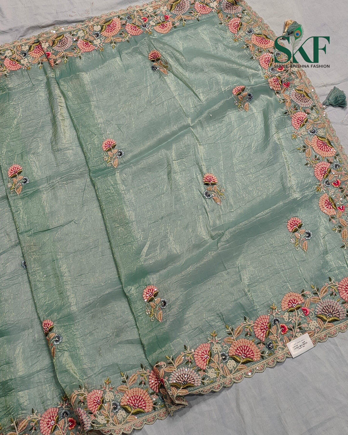 CRUSH TISSUE SIPPI SEQUENCE EMBROIDERY WORK SEEGREEN SAREE BY SKFBHOLUBHAI