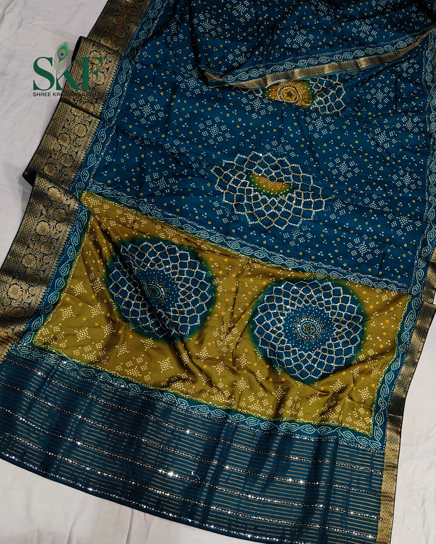 HO SILK BHANDHANI MIRROR WORK TWO TONE TEAL BLUE AND MEHNDI GREEN SAREE BY SKFBHOLUBHAI