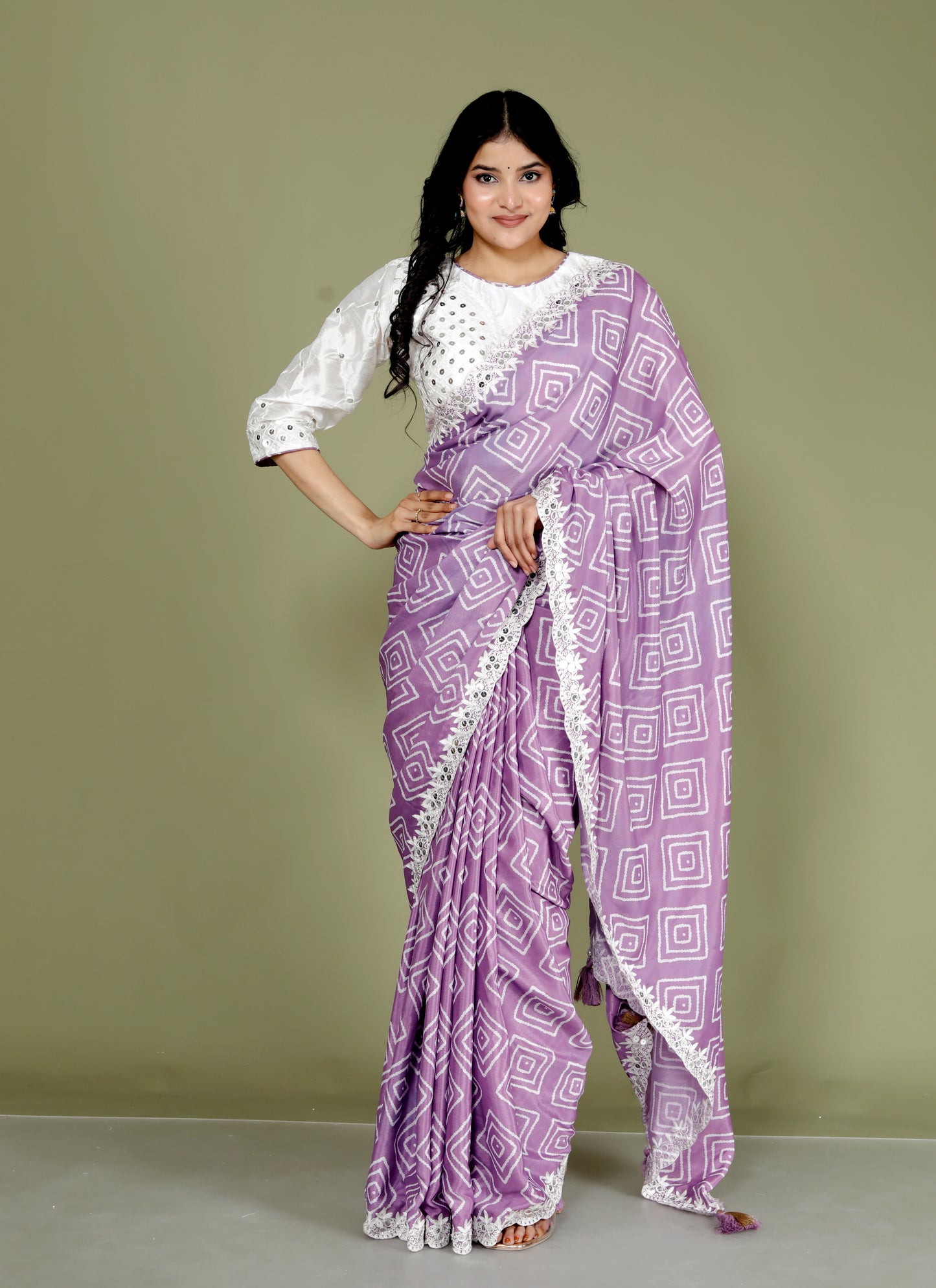 CHINON DIGITAL PRINT THREAD EMBROIDERY STICH BLOUSE LAVENDER SAREE BY SKFBHOLUBHAI