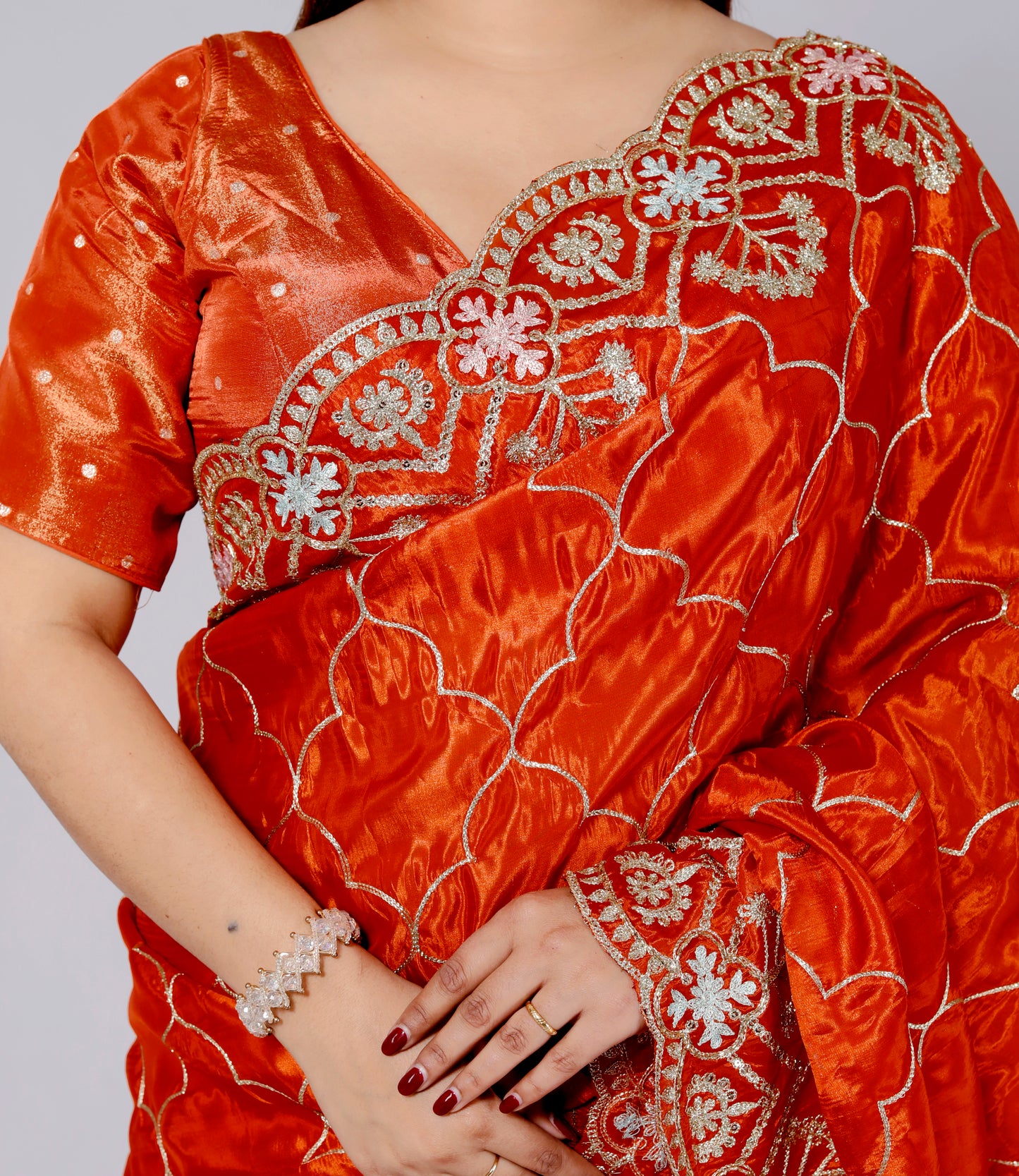 HO SILK ZARI EMBROIDERY HANDWORK JAAL ORANGE RUST SAREE BY SKFBHOLUBHAI