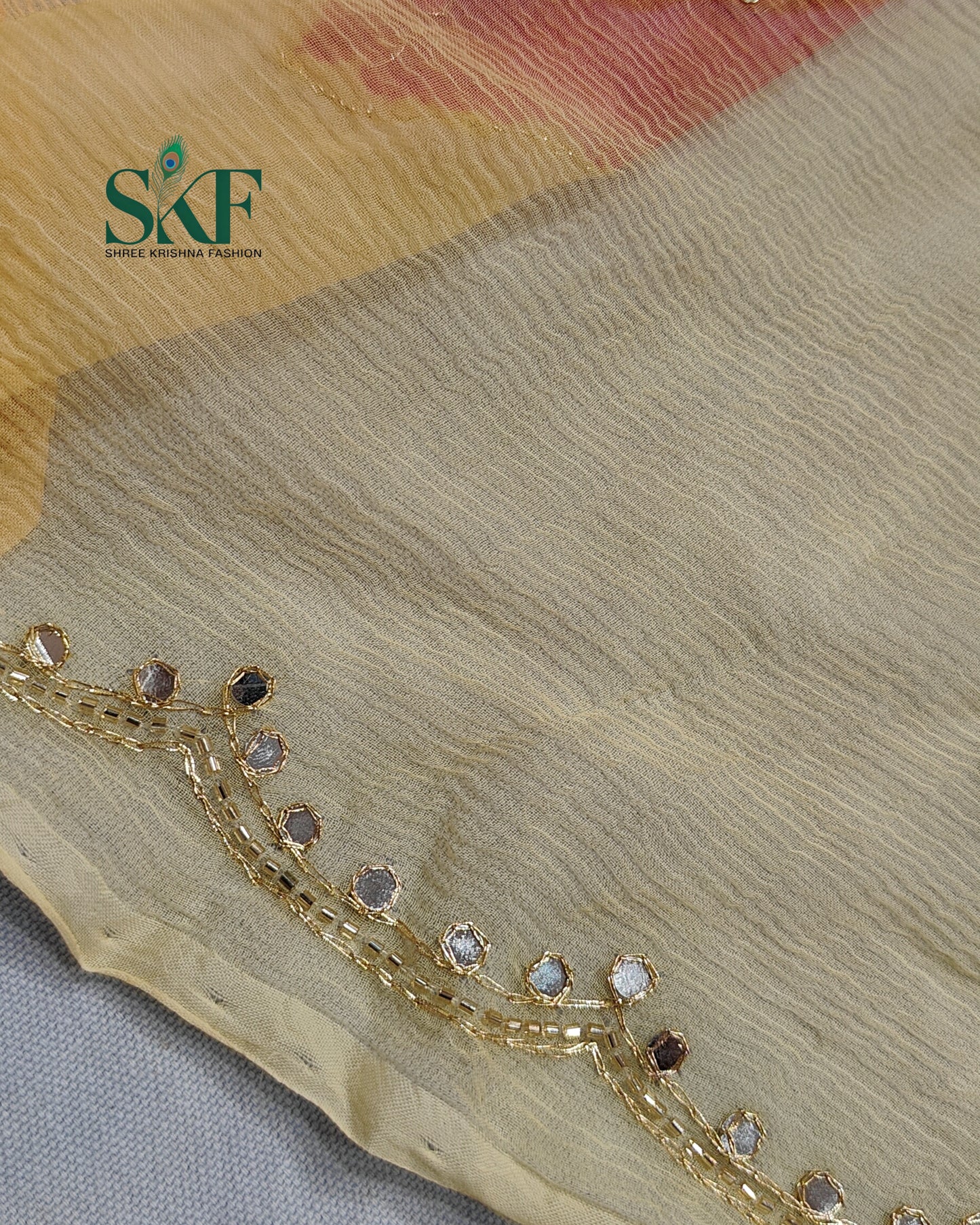 CHIFFON BATIK OMBRE DYE AARI GOTTA HANDWORK BUTTY MULTICOLOUR SAREE BY SKFBHOLUBHAI