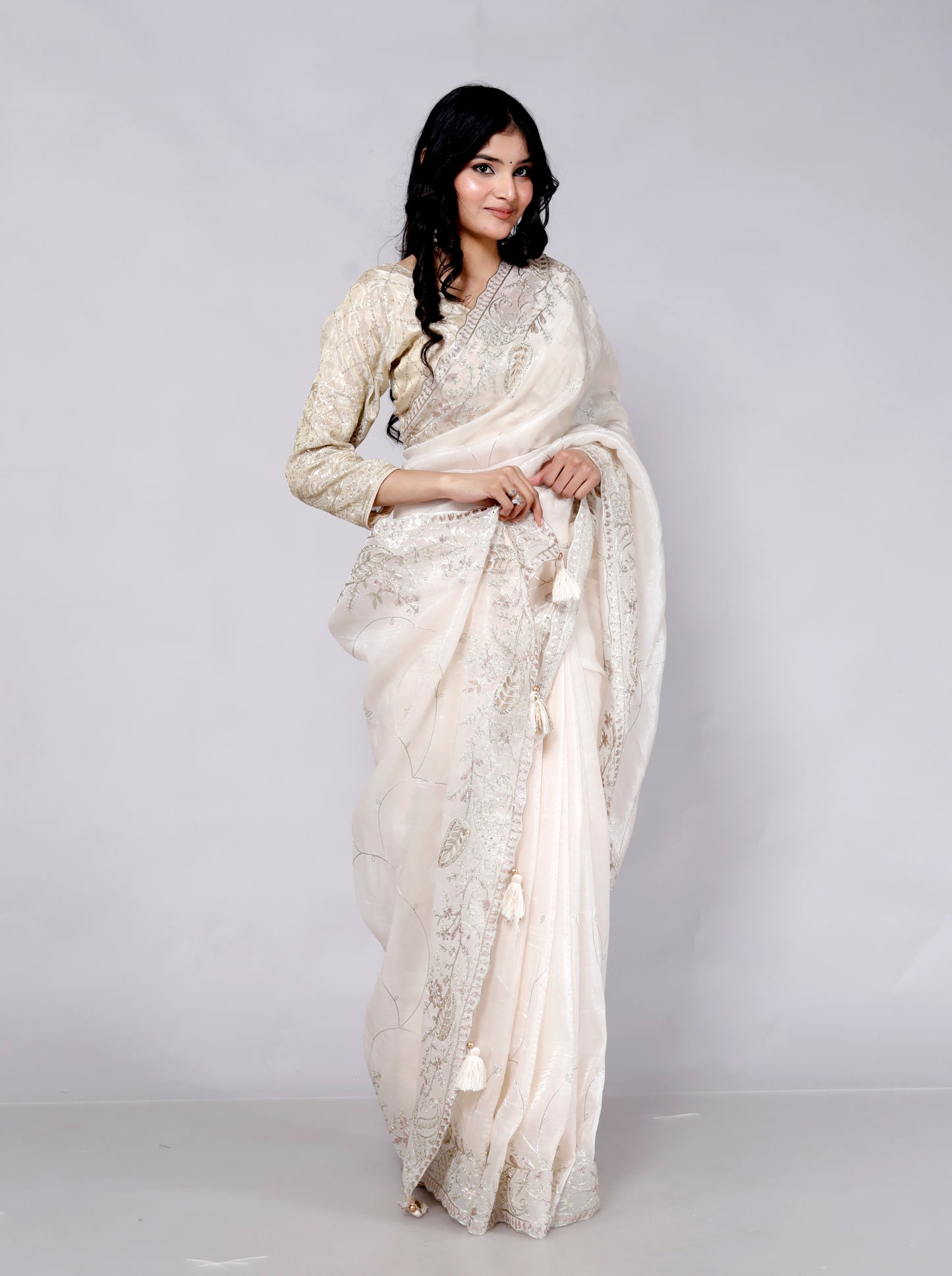 GLOSSY TISSUE CUTWORK BORDER JAAL EMBROIDERY IVORY SAREE BY SKFBHOLUBHAI