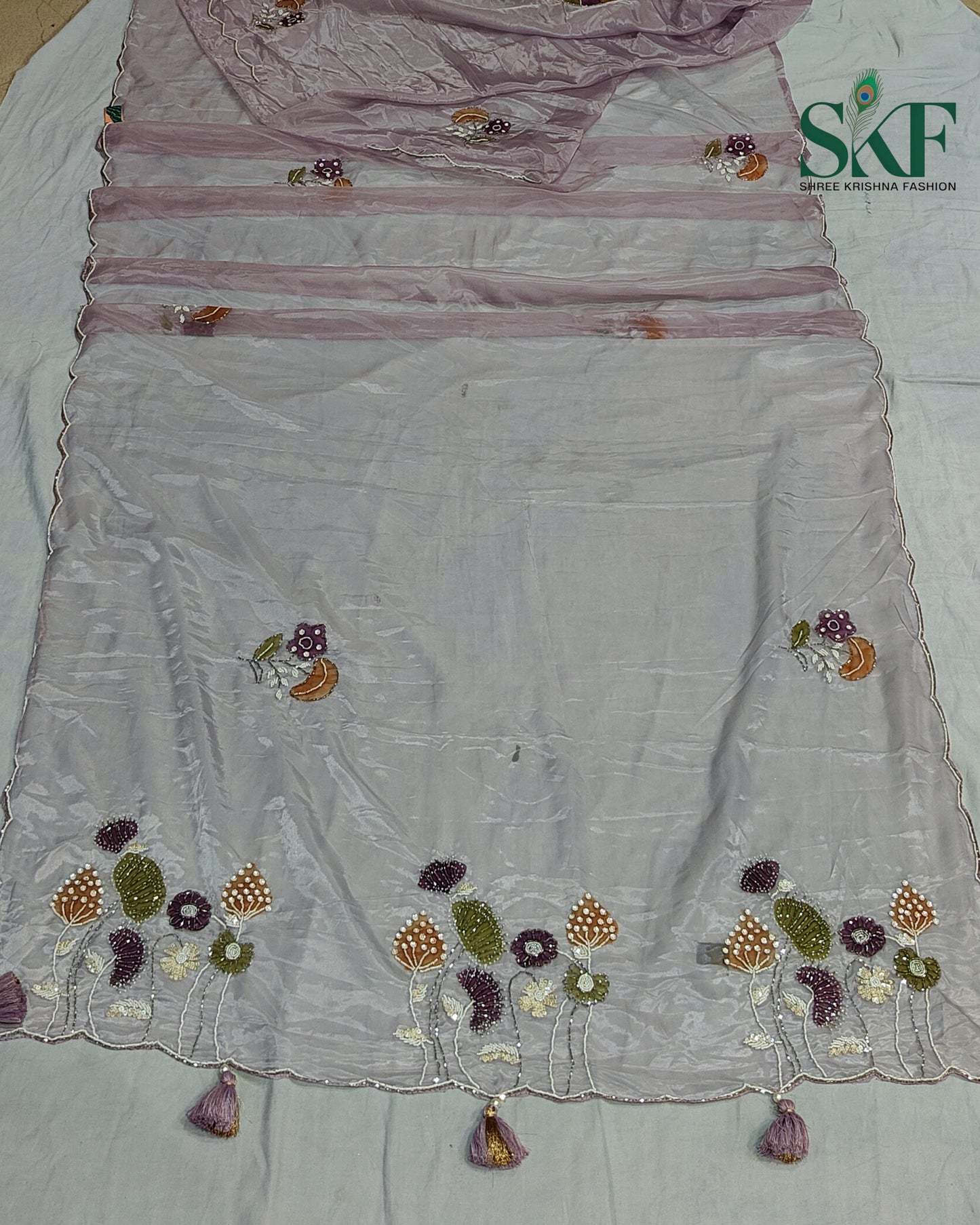 GLASS TISSUE BRUSH PRINT PERAL HANDWORK LIALAC SAREE BY SKFBHOLUBHAI