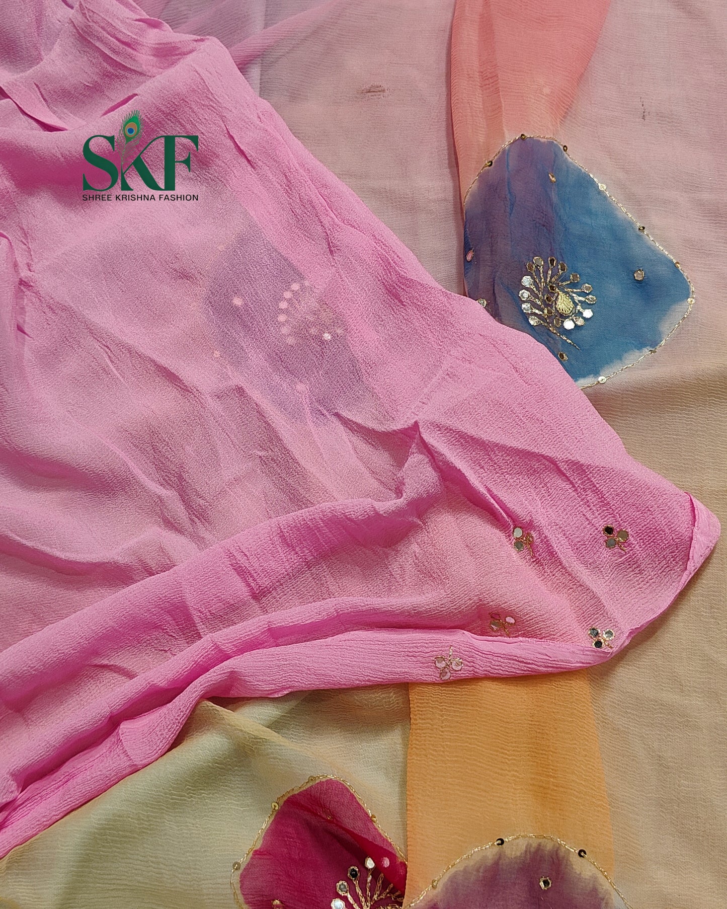 CHIFFON BATIK OMBRE DYE AARI GOTTA HANDWORK BUTTY MULTICOLOUR SAREE BY SKFBHOLUBHAI