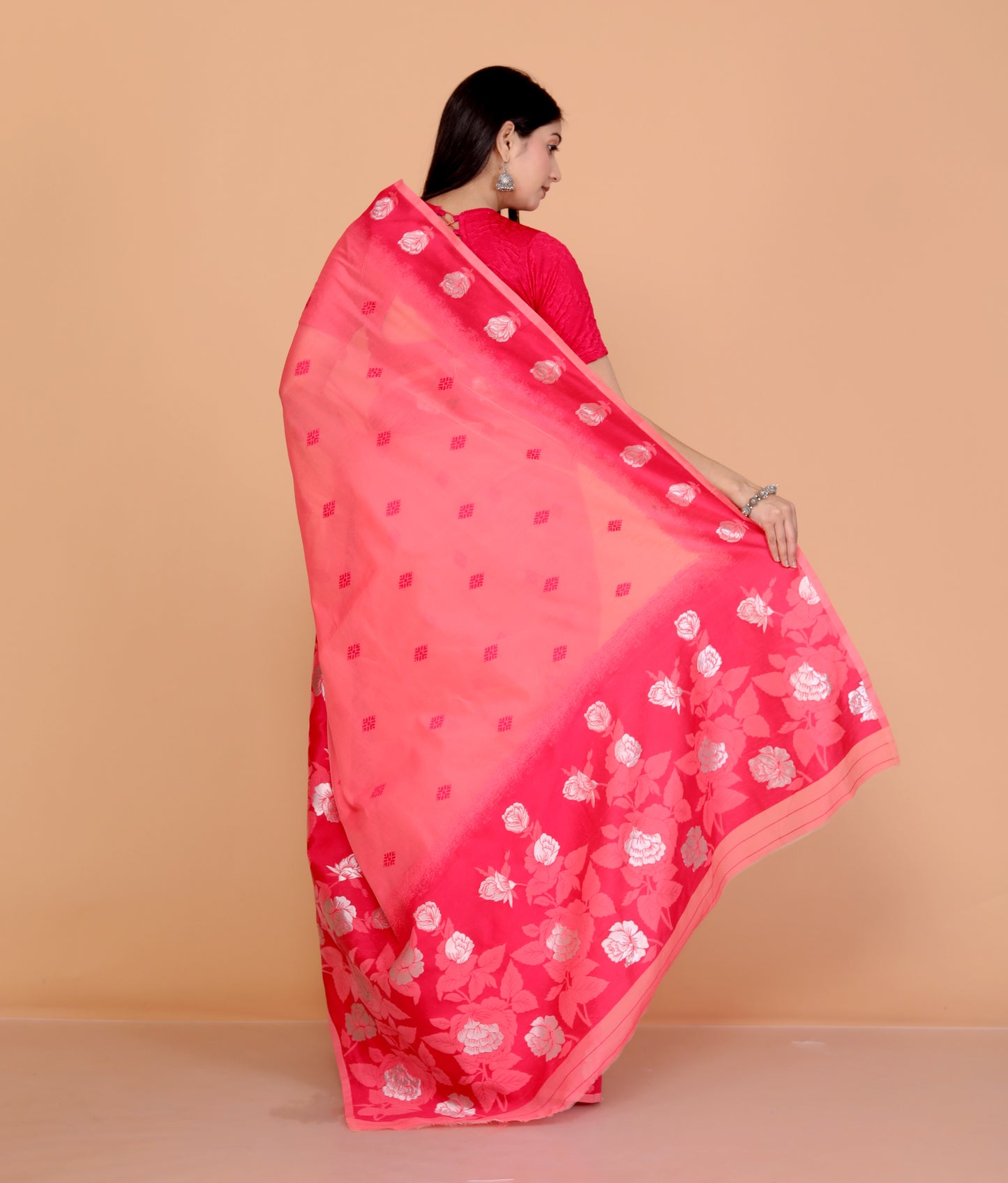 COTTON BLEND WEAVING RED PINK SAREE BY SKFBHOLUBHAI