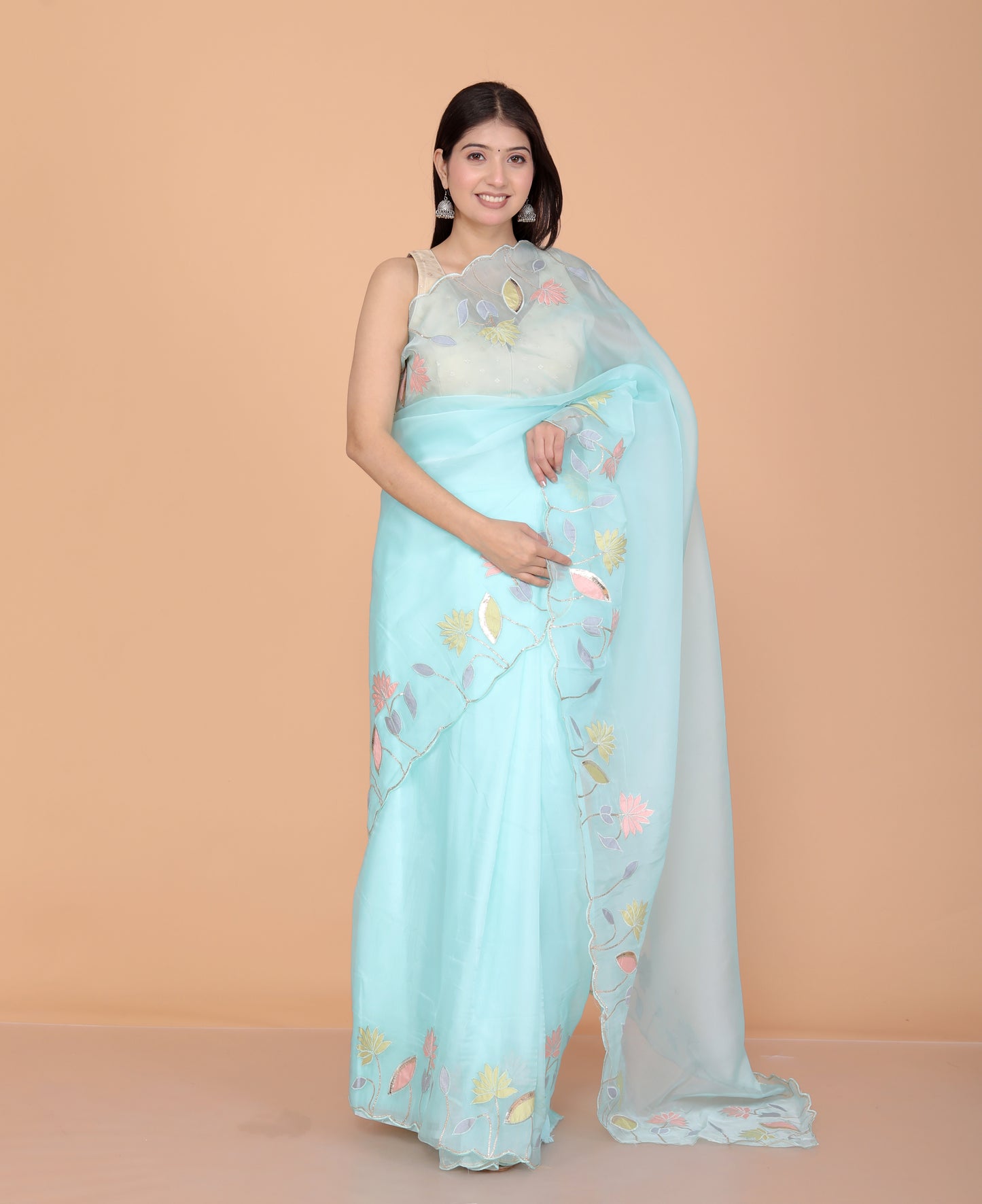 TISSUE APPLIQUE WORK DESIGNER SKY BLUE SAREE BY SKFBHOLUBHAI
