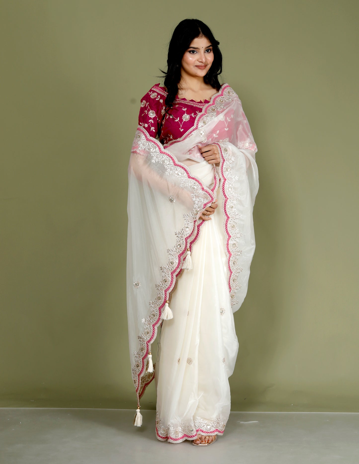 NEAT ORGANZA ZARI EMBROIDERY CUTWORK STICH BLOUSE IVORY SAREE BY SKFBHOLUBHAI