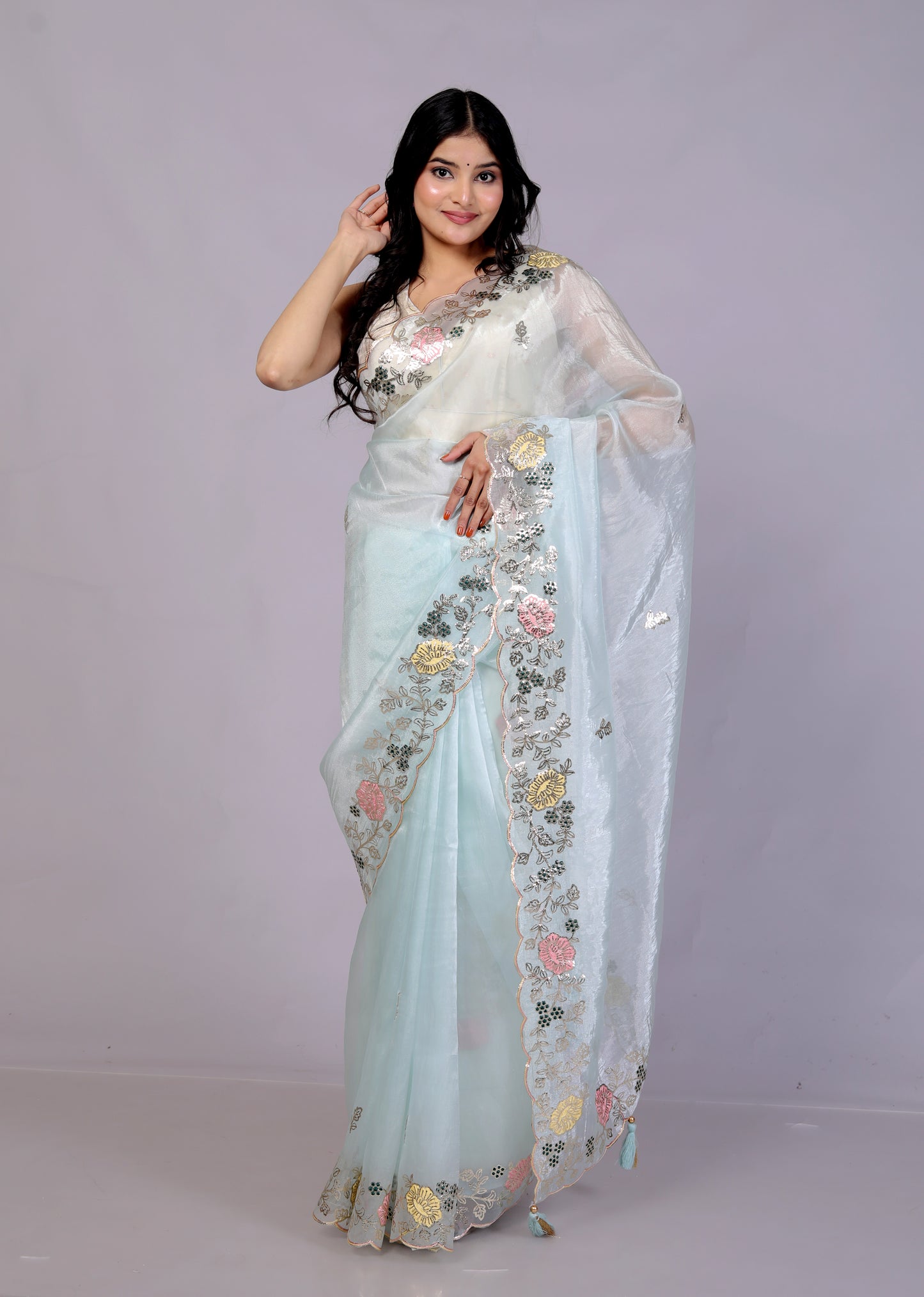 GLOSSY ORGANZA MULTI ZARI EMBROIDERY SKY BLUE SAREE BY SKFBHOLUBHAI