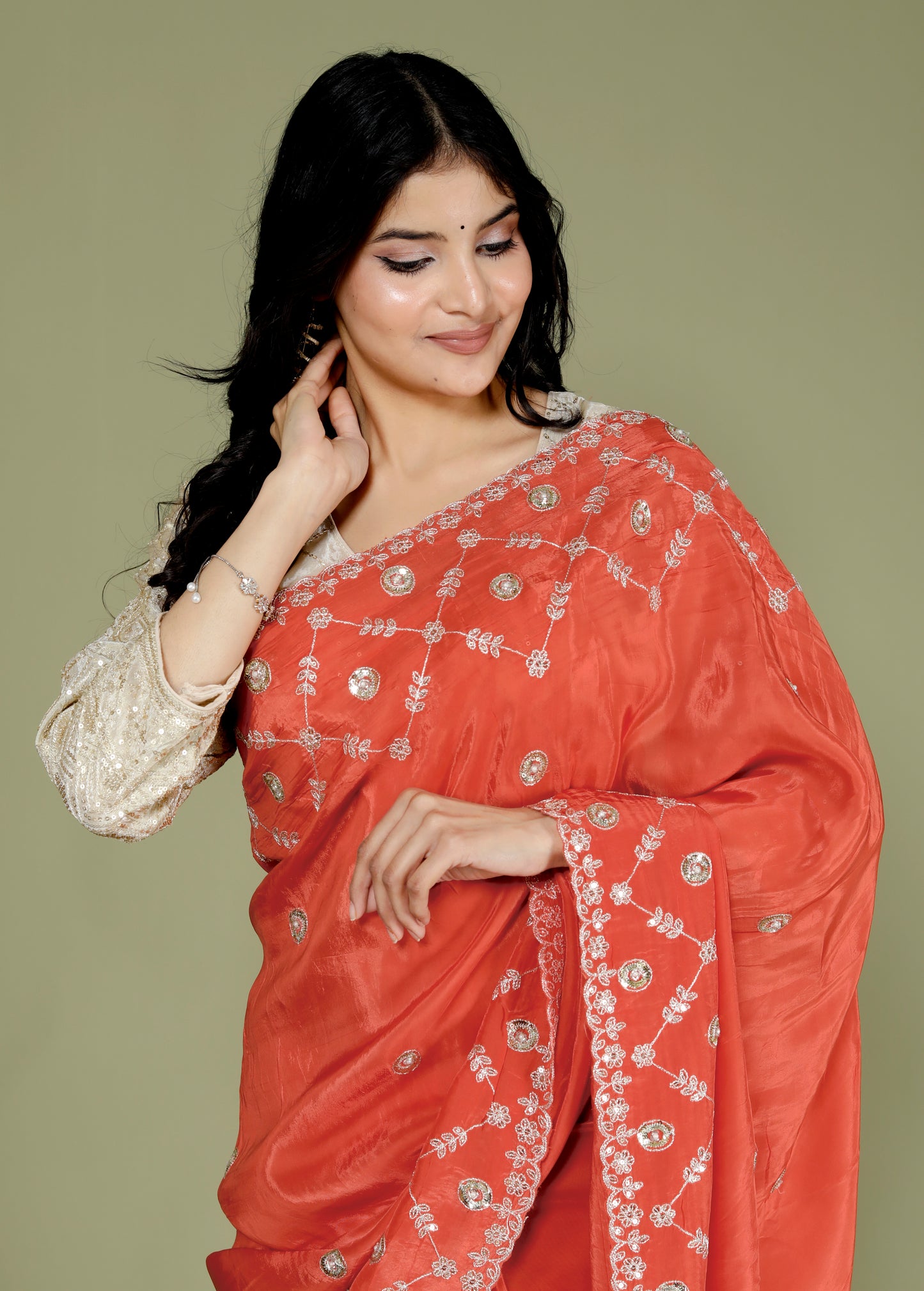 HO SILK ZARI EMBROIDERY BORDER WORK ORGNGE SAREE BY SKFBHOLUBHAI