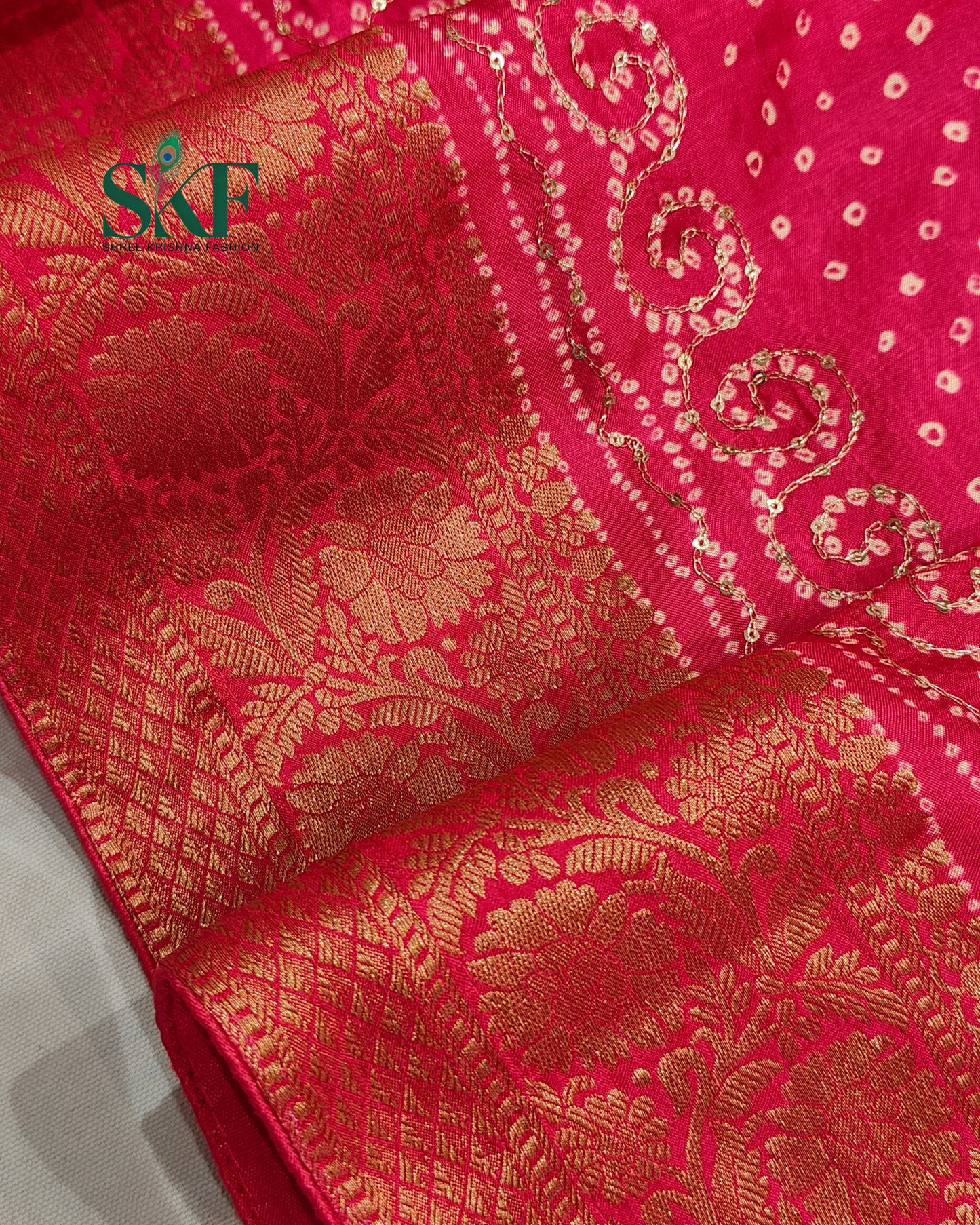 HO SILK BHANDHANI PEACOCK MOTIF AARI AND SEQUENCE WORK RANIPINK SAREE BY SKFBHOLUBHAI