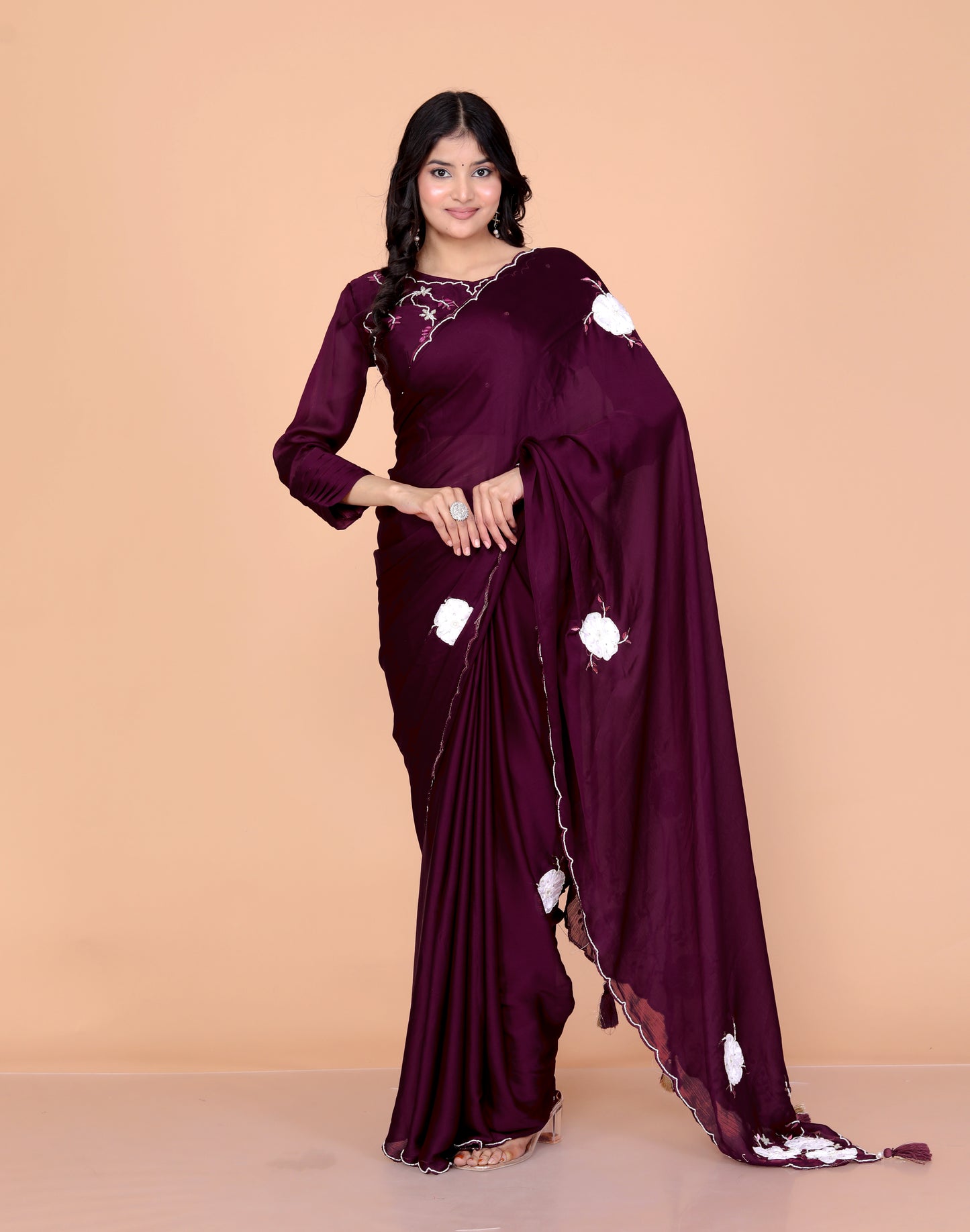 CHINON CREPE HAND BEADED WORK STICH BLOUSE WINE SAREE BY SKFBHOLUBHAI
