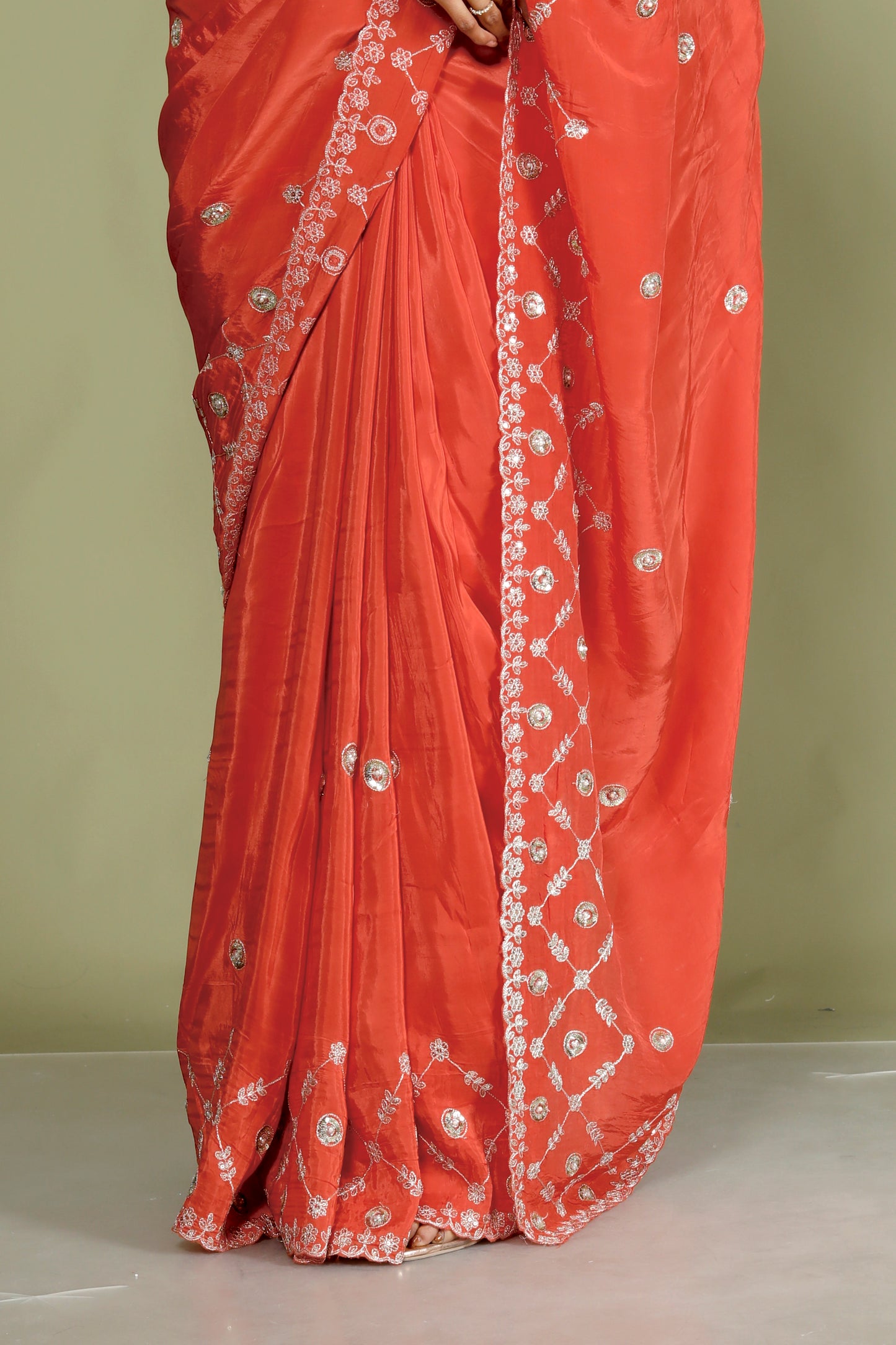HO SILK ZARI EMBROIDERY BORDER WORK ORGNGE SAREE BY SKFBHOLUBHAI