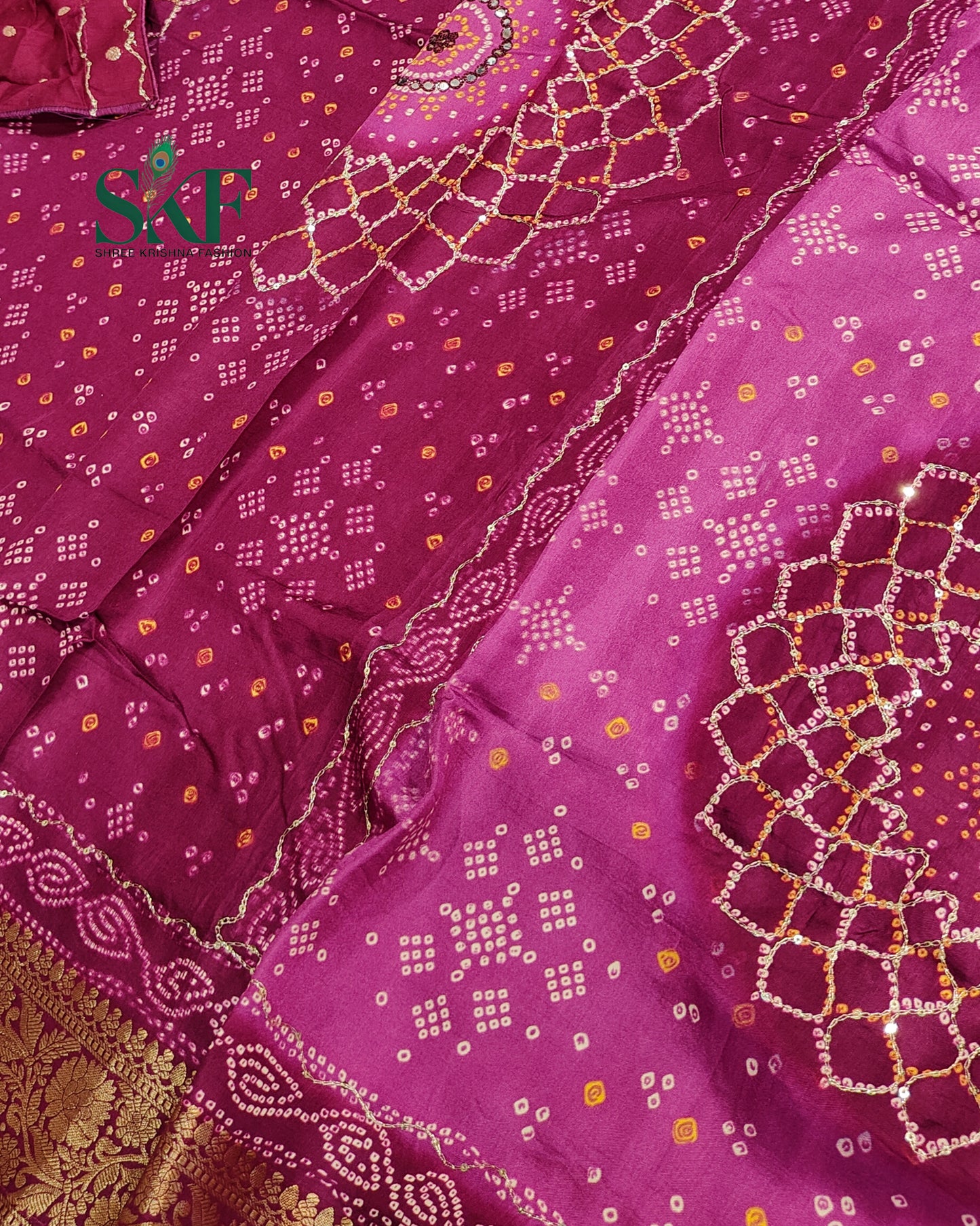 HO SILK BHANDHANI MIRROR WORK TWO TONE PURPLE AND WINE SAREE BY SKFBHOLUBHAI
