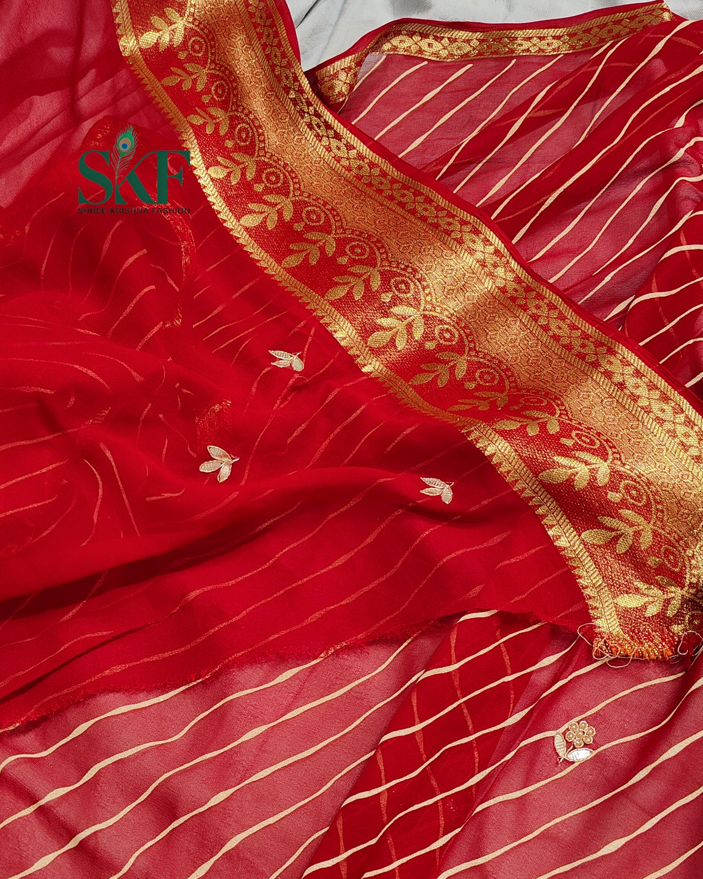 GEORGETTE LEHRIYA GOTTA HANDWORK BUTTY CHERRY RED SAREE BY SKFBHOLUBHAI