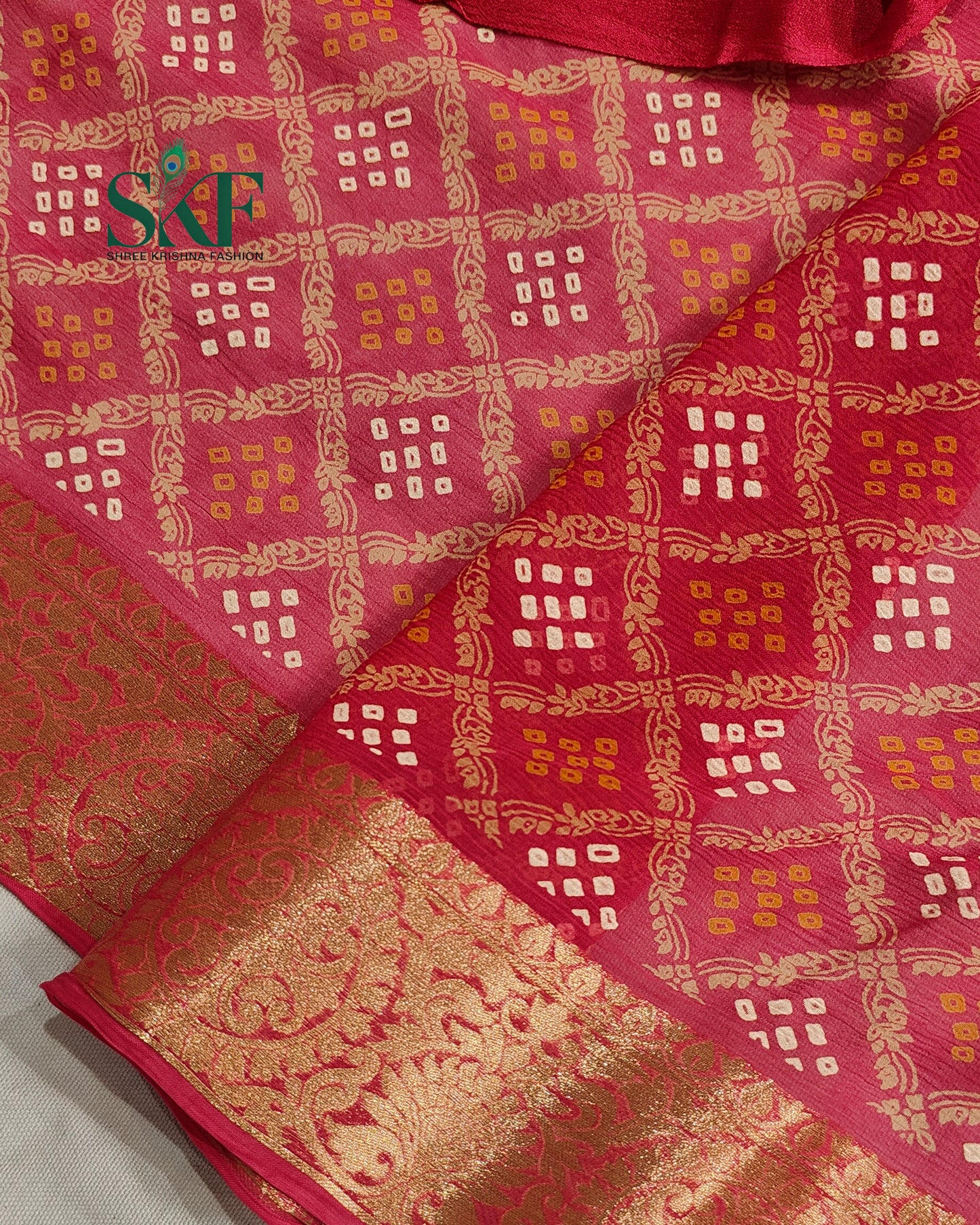 KHADI NEEM JARI GEORGETTE BHANDHANI ONIONPINK SAREE BY SKFBHOLUBHAI