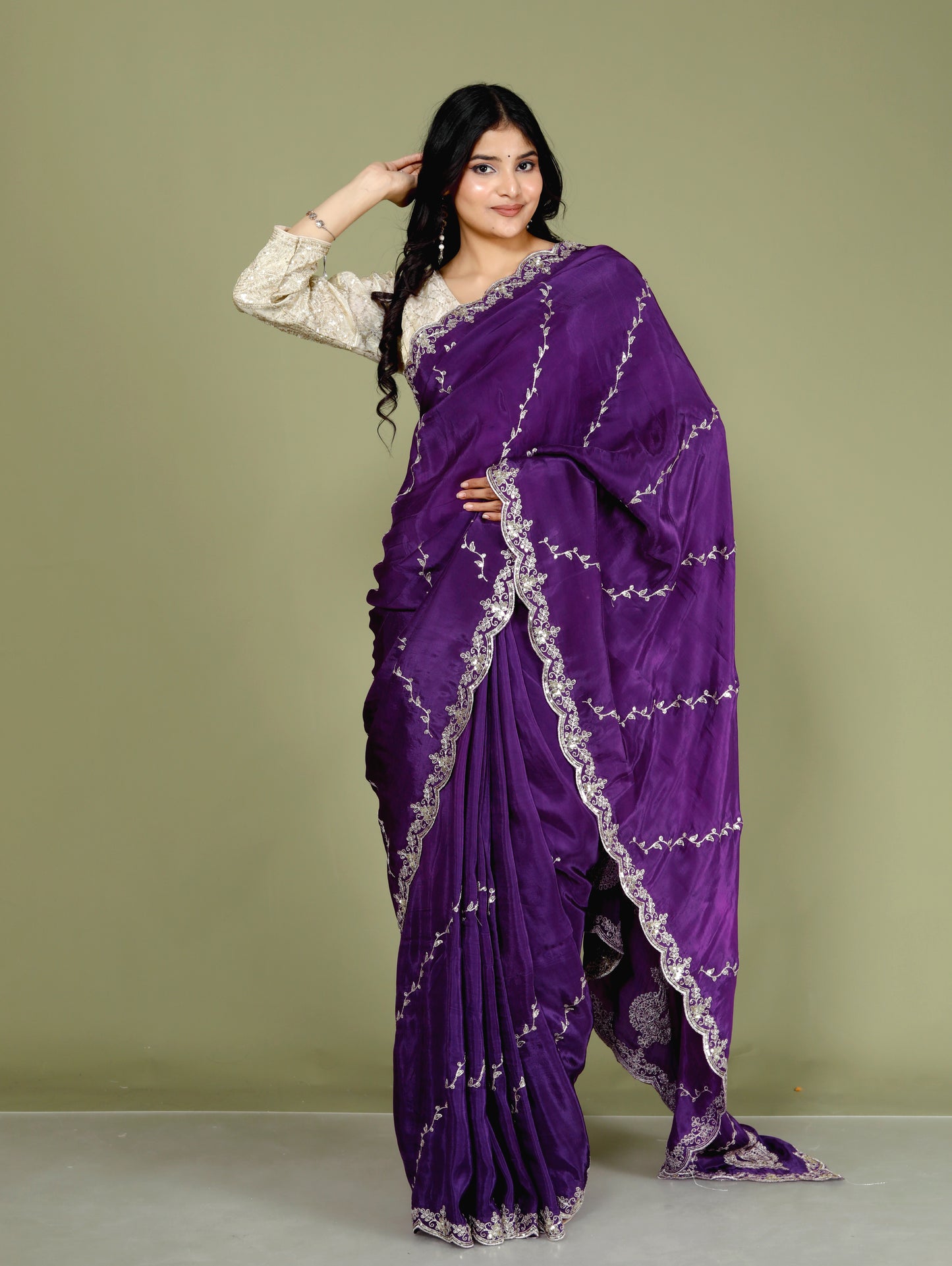 HO SILK ZARI SEQUENCE EMBROIDERY RICH PURPLE SAREE BY SKFBHOLUBHAI