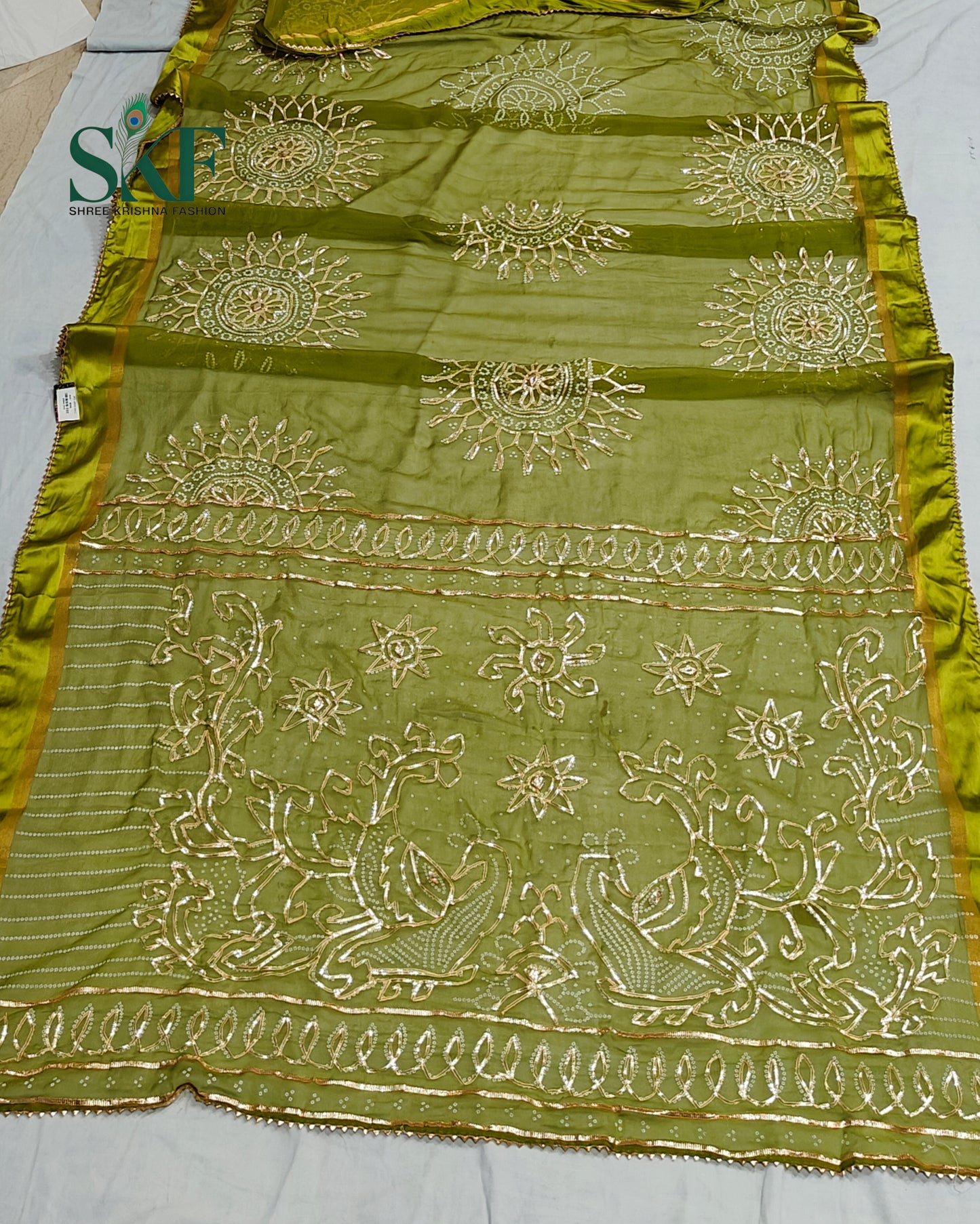 DIAMOND CHIFFON BHANDHANI KACHAGOTTA WORK PARROT GREEN SAREE BY SKFBHOLUBHAI
