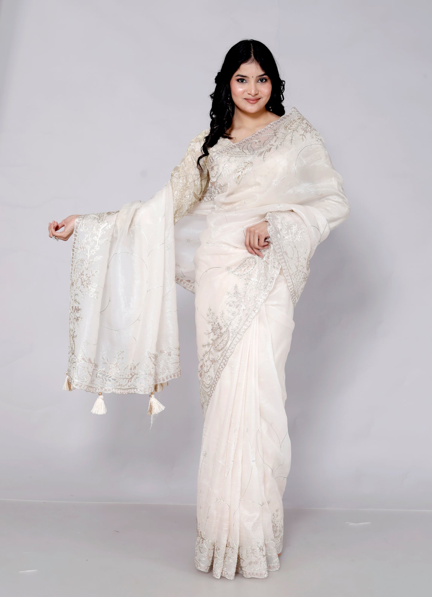 GLOSSY TISSUE CUTWORK BORDER JAAL EMBROIDERY IVORY SAREE BY SKFBHOLUBHAI