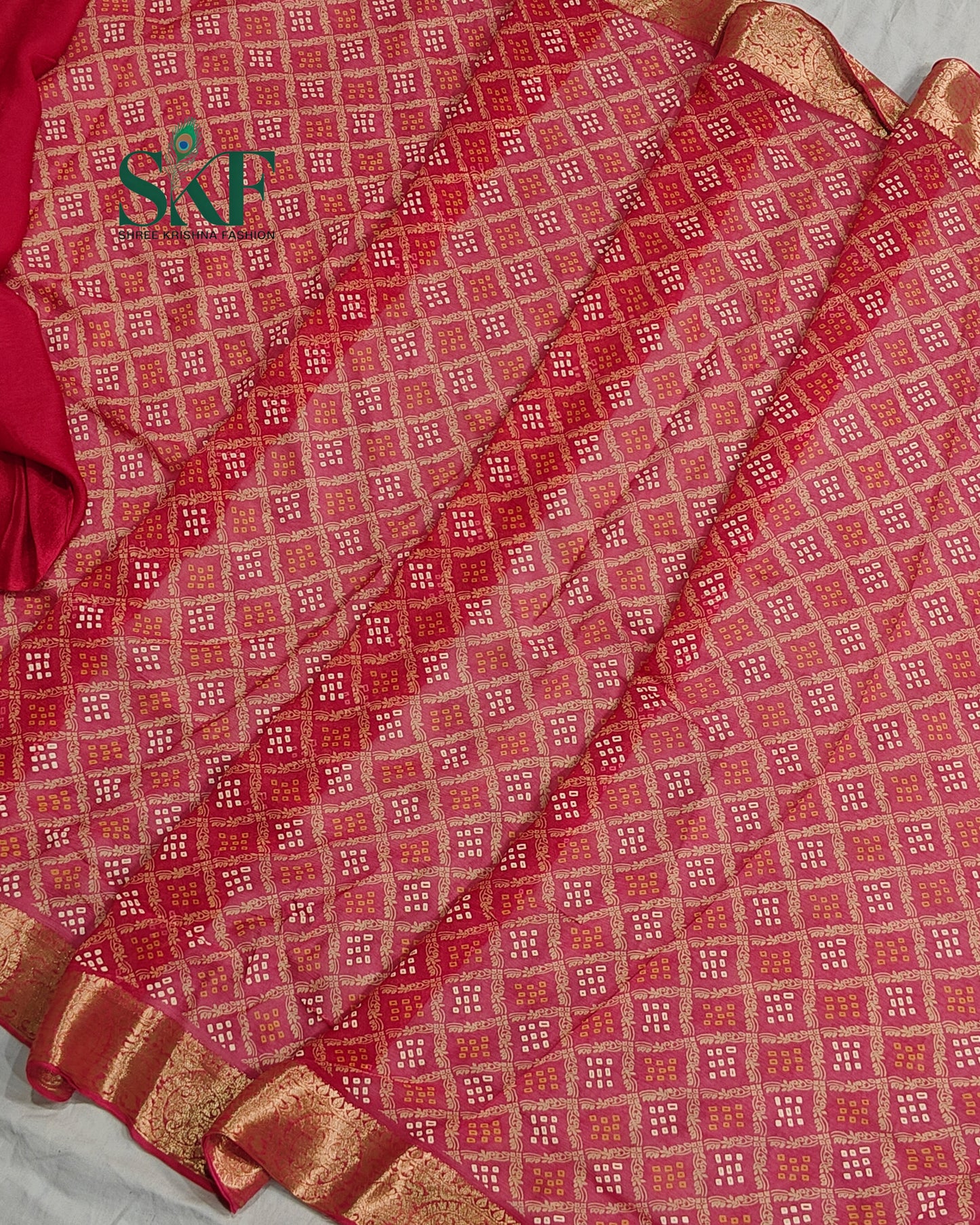 KHADI NEEM JARI GEORGETTE BHANDHANI ONIONPINK SAREE BY SKFBHOLUBHAI