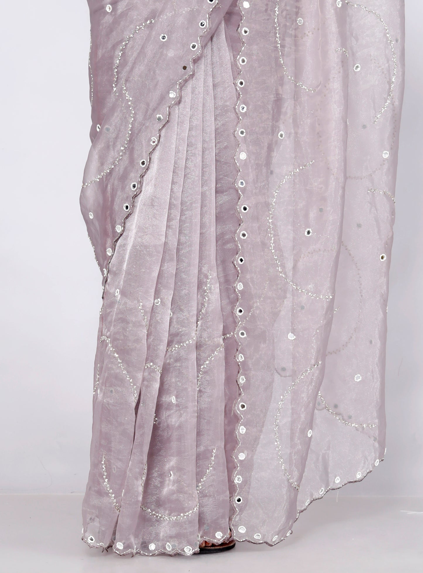 GLOSSY ORGANZA MIRROR AND JERKEN HANDWORK LILAC SAREE BY SKFBHOLUBHAI