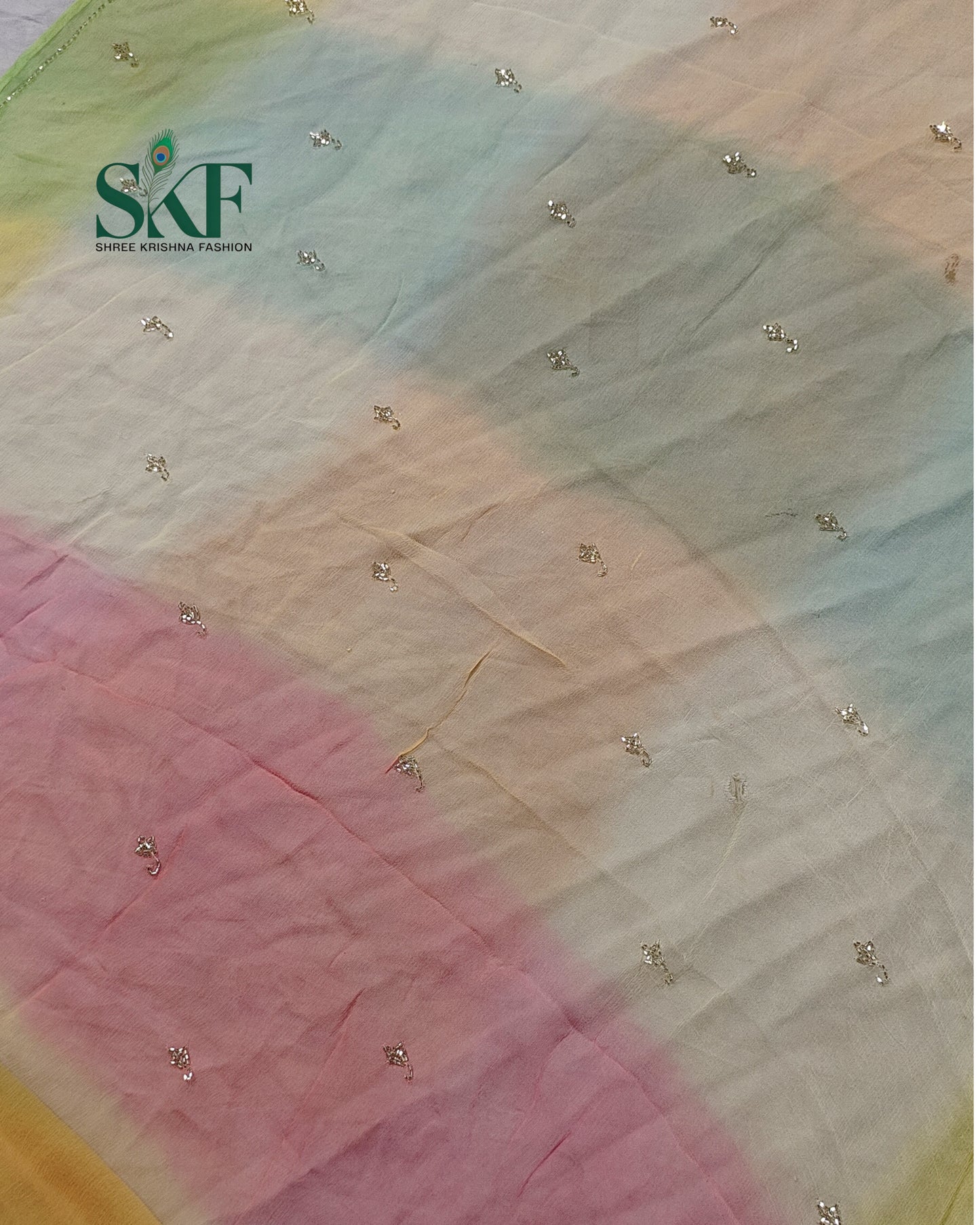 CHIFFON OMBRE DYE KARDANA HANDWORK BUTTY MULTICOLOUR SAREE BY SKFBHOLUBHAI