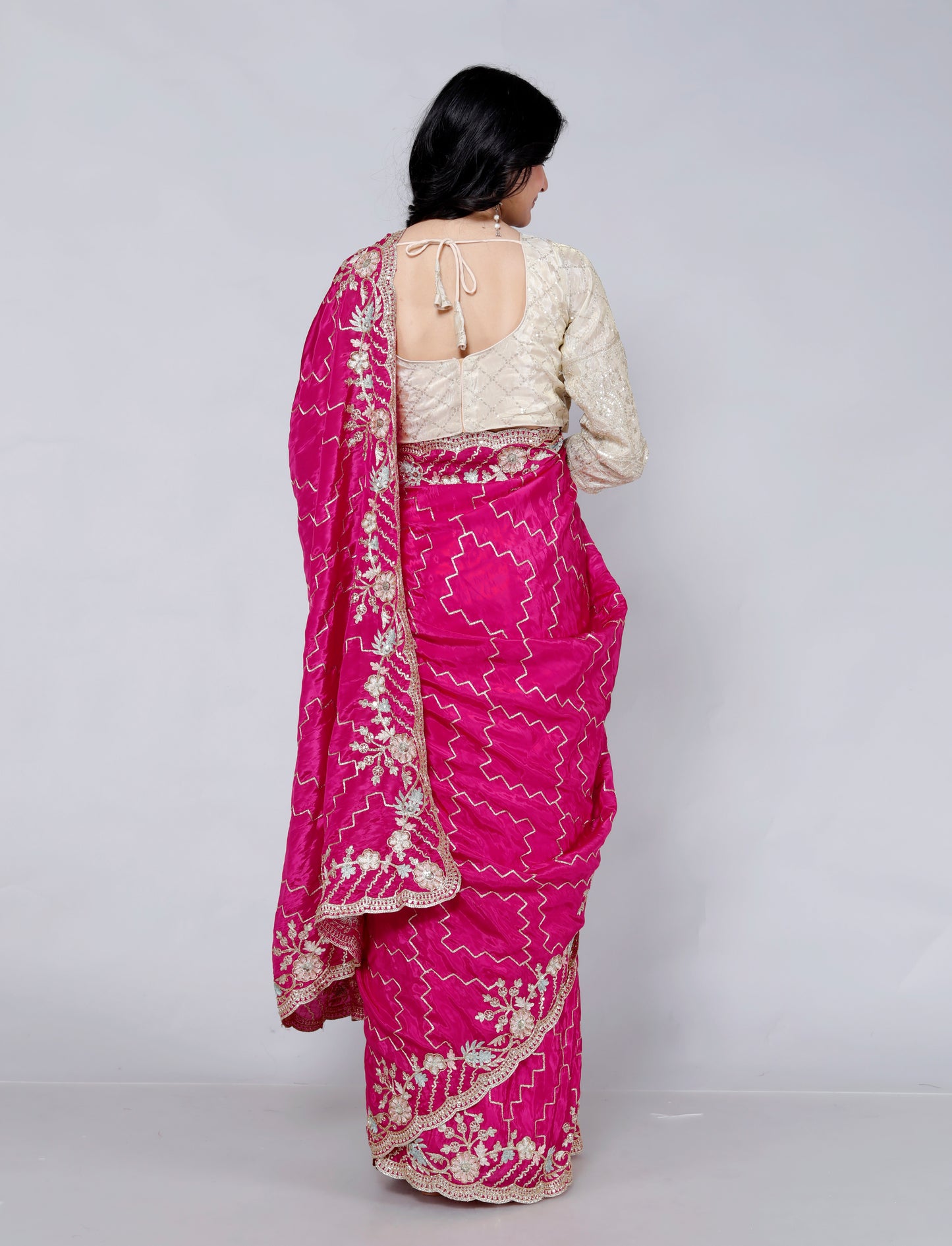 HO SILK ZARI EMBROIDERY HANDWORK JAAL RANIPINK SAREE BY SKFBHOLUBHAI