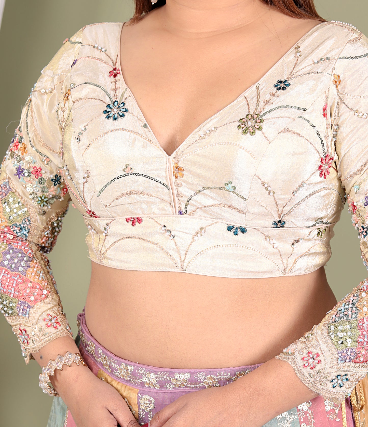 TISSUE MULTI THREAD HANDWORK GOLDEN BEIGE BLOUSE BY SKFBHOLUBHAI