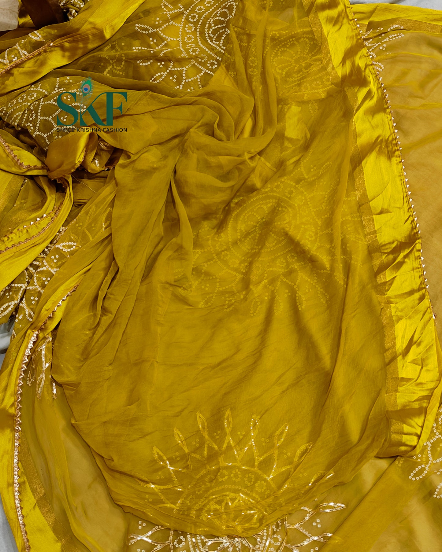 DIAMOND CHIFFON BHANDHANI KACHAGOTTA WORK MEHNDI GREEN SAREE BY SKFBHOLUBHAI