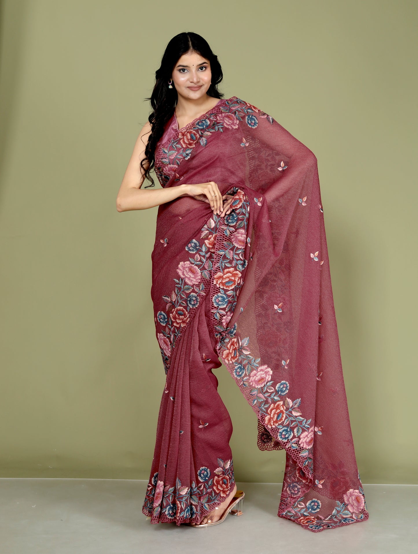 CRUSH CHINON MULTITHRED EMBROIDERY BORDER WORK RED RUST SAREE BY SKFBHOLUBHAI