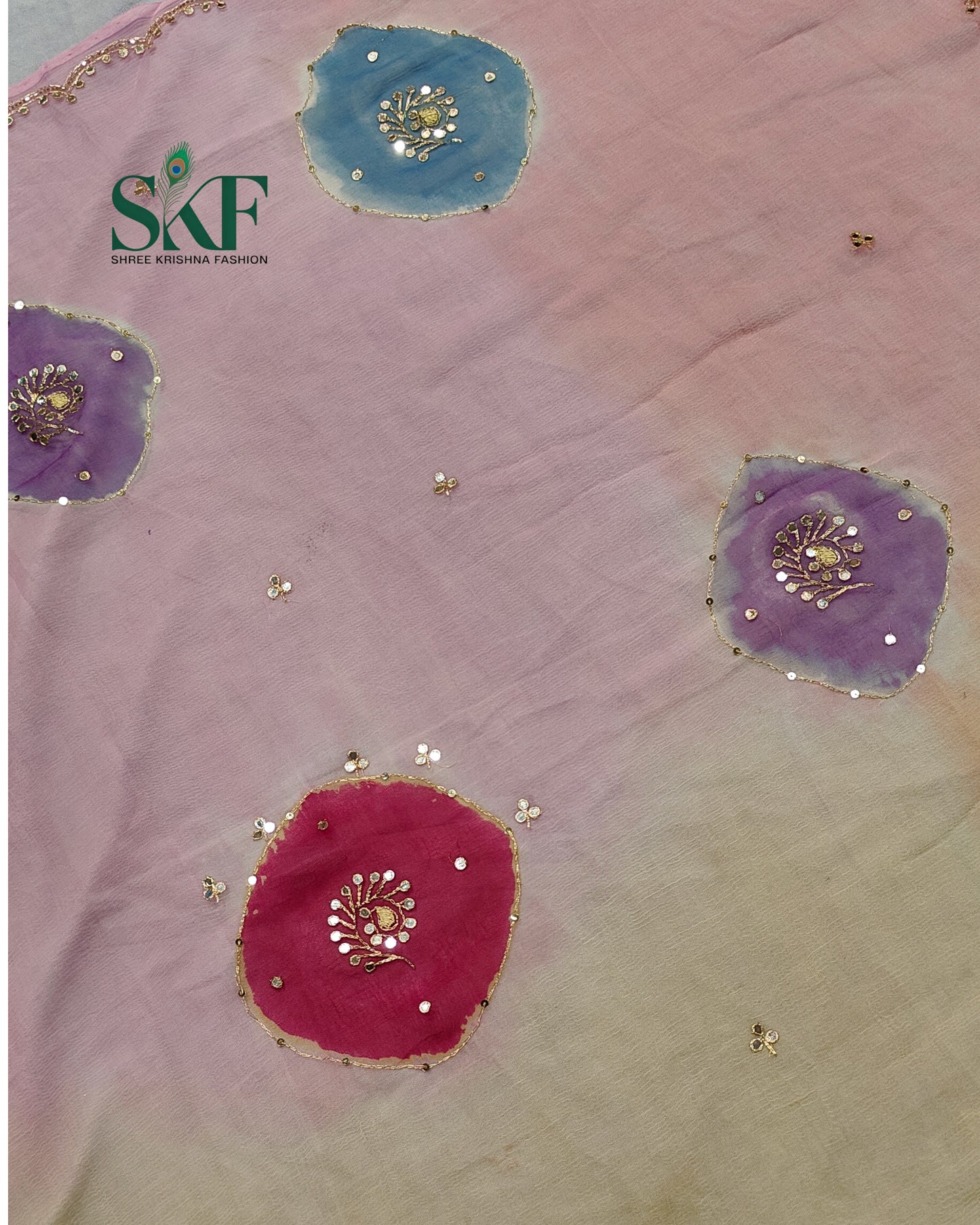 CHIFFON BATIK OMBRE DYE AARI GOTTA HANDWORK BUTTY MULTICOLOUR SAREE BY SKFBHOLUBHAI