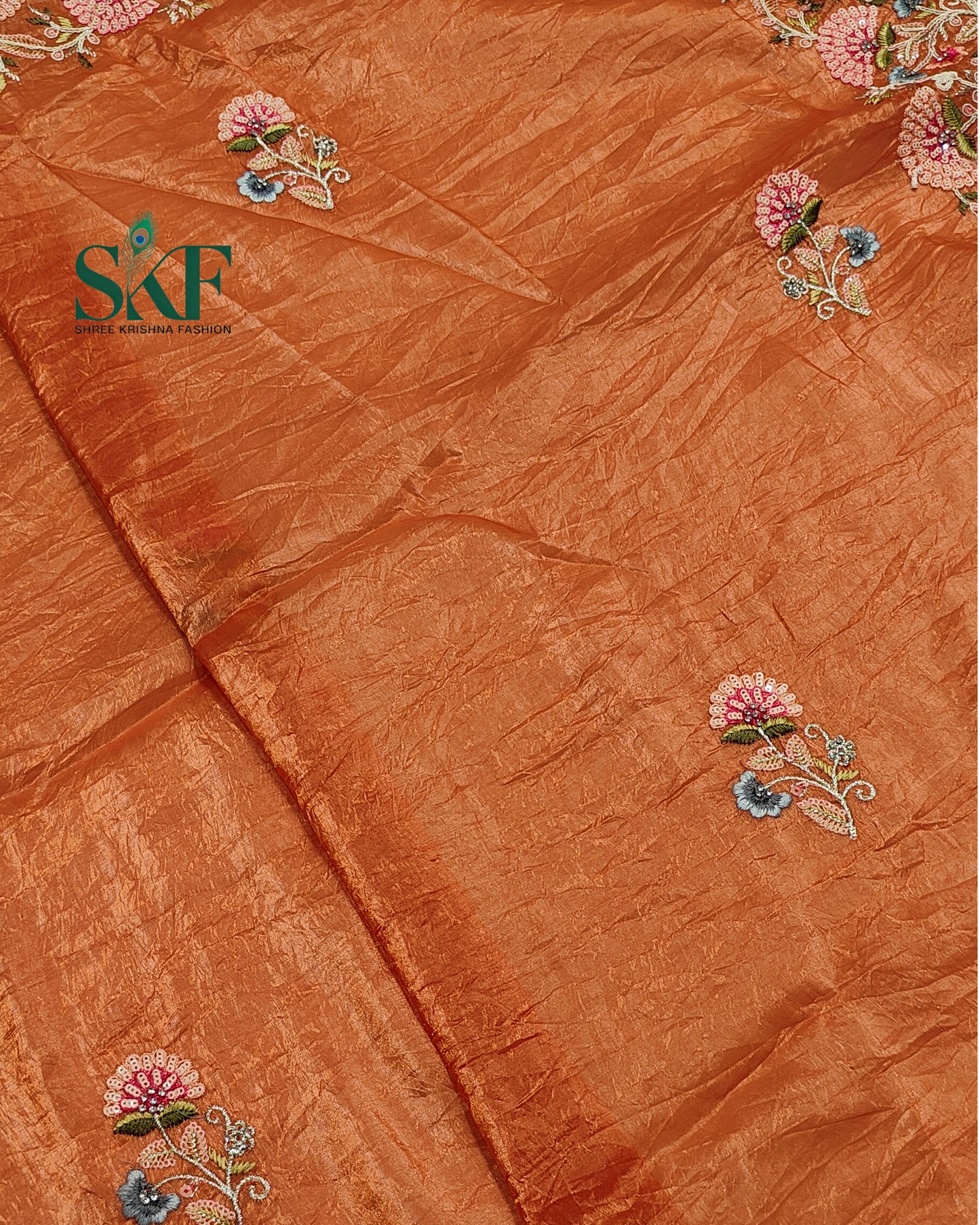 CRUSH TISSUE SIPPI SEQUENCE EMBROIDERY WORK ORANGE RUST SAREE BY SKFBHOLUBHAI