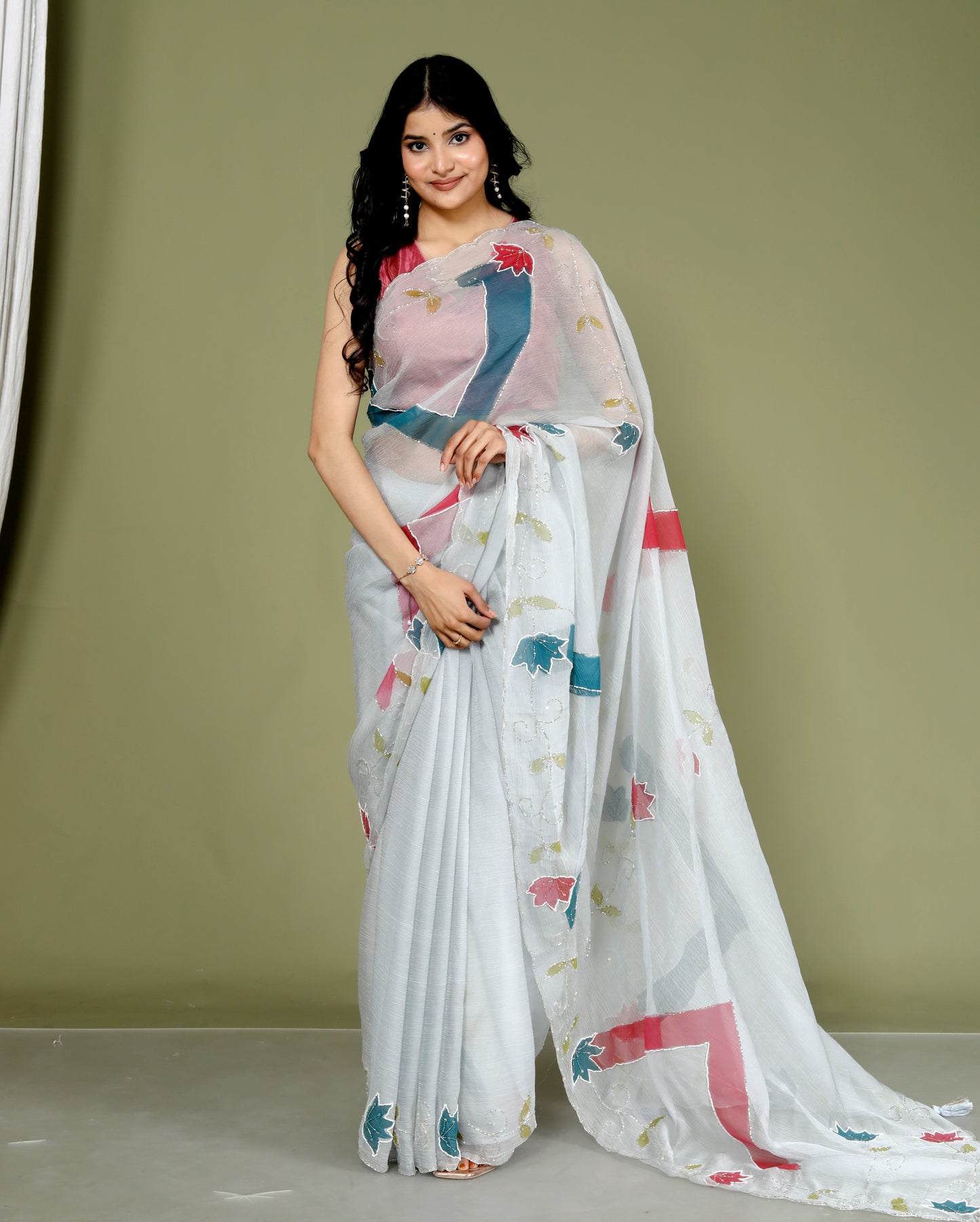 CHIFFON HAND PAINTED HANDWORK GREY SAREE BY SKFBHOLUBHAI