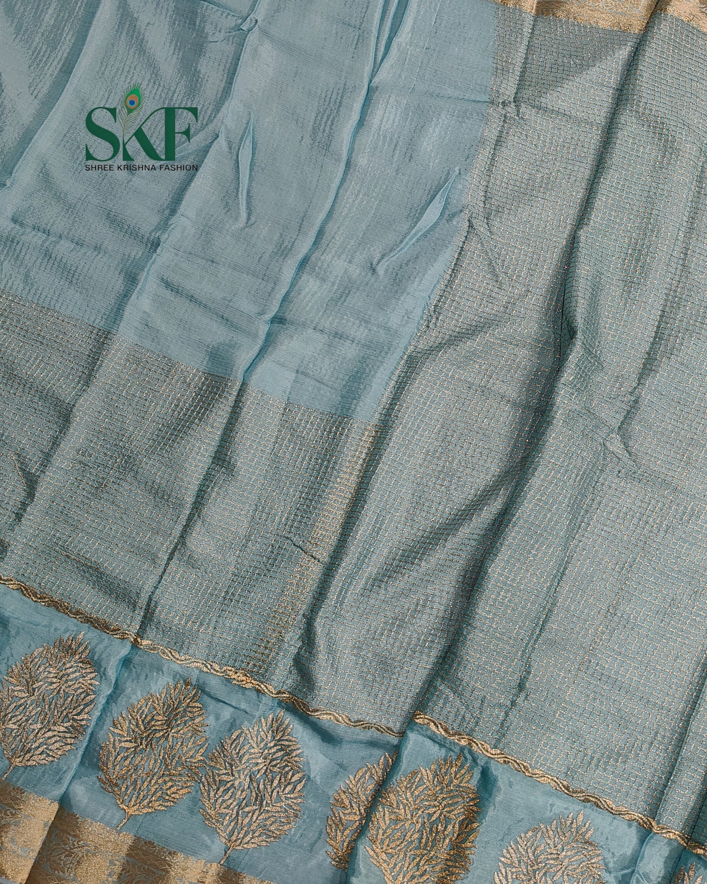 CHINON EMBROIDERY WEAVING BORDER WORK ICEBLUE SAREE BY SKFBHOLUBHAI